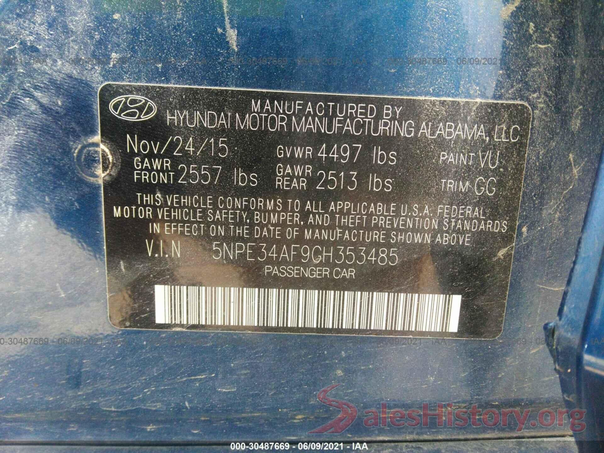 5NPE34AF9GH353485 2016 HYUNDAI SONATA