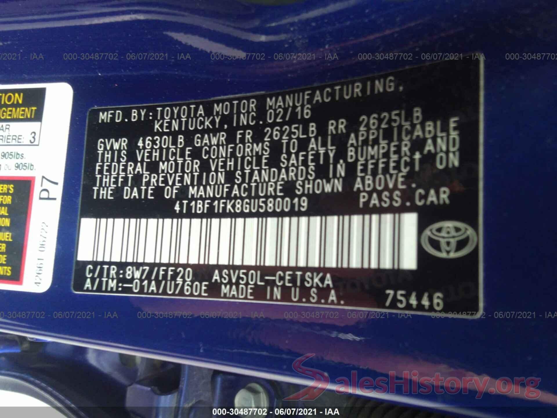 4T1BF1FK8GU580019 2016 TOYOTA CAMRY