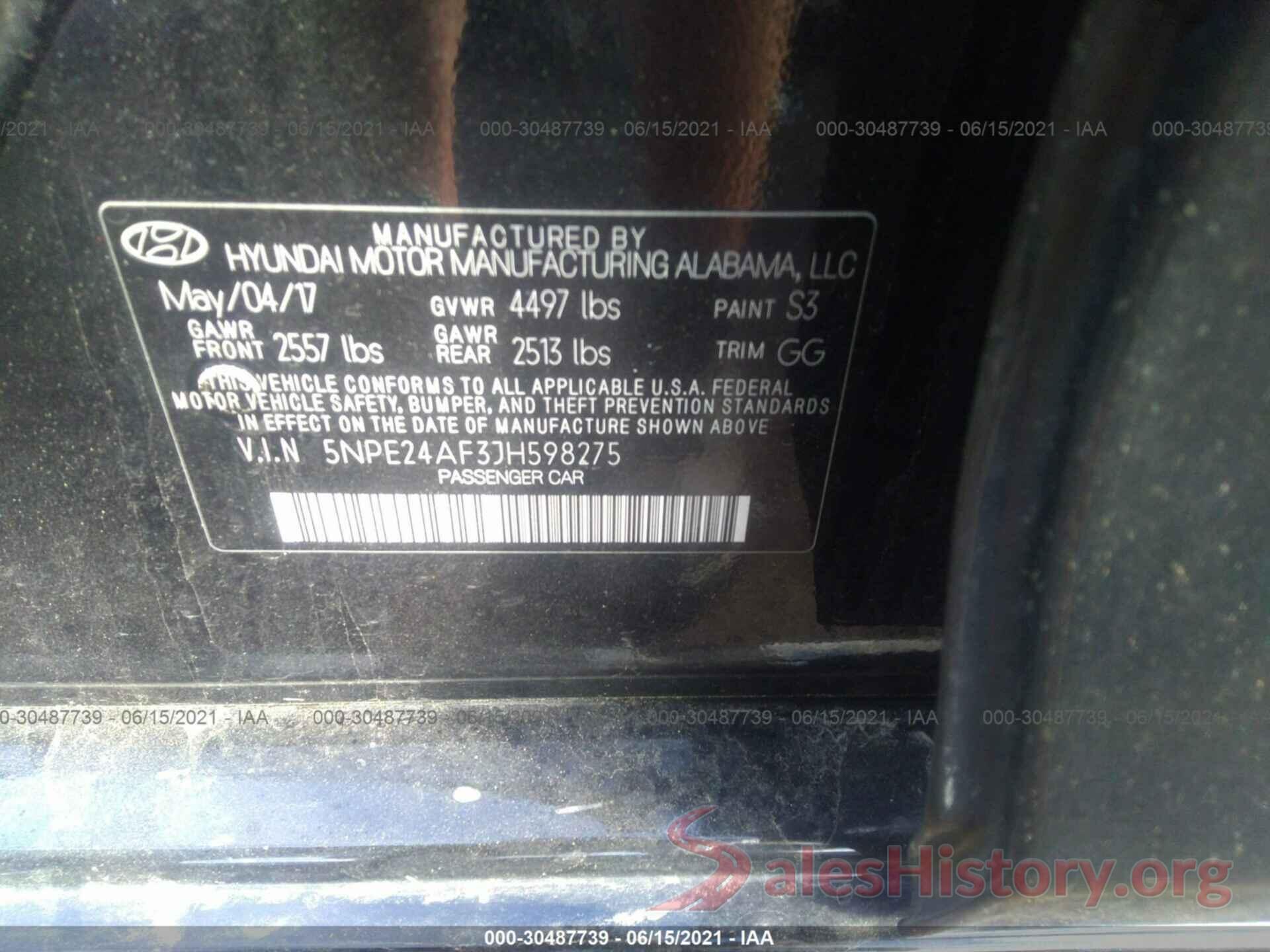 5NPE24AF3JH598275 2018 HYUNDAI SONATA