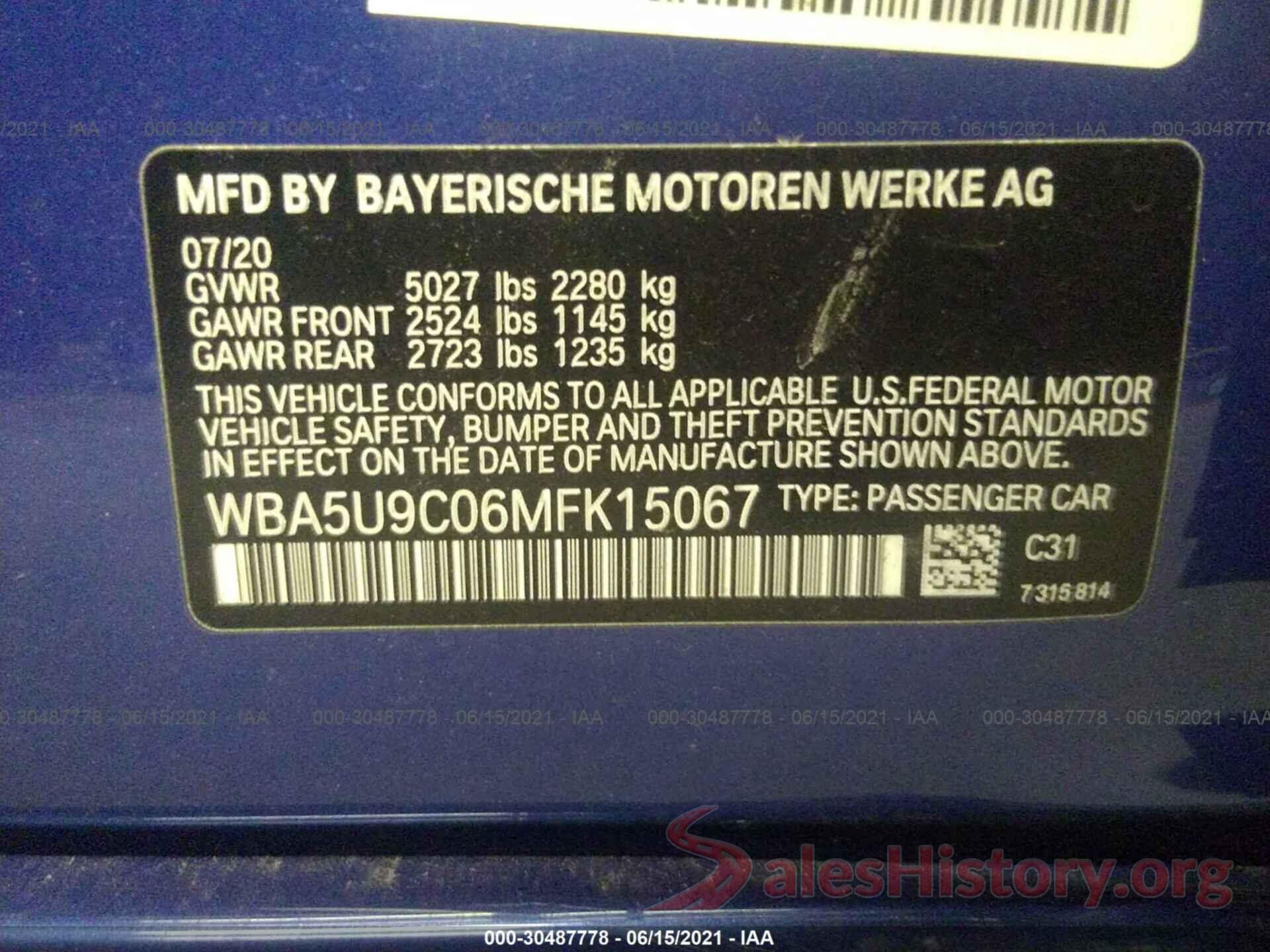 WBA5U9C06MFK15067 2021 BMW 3 SERIES