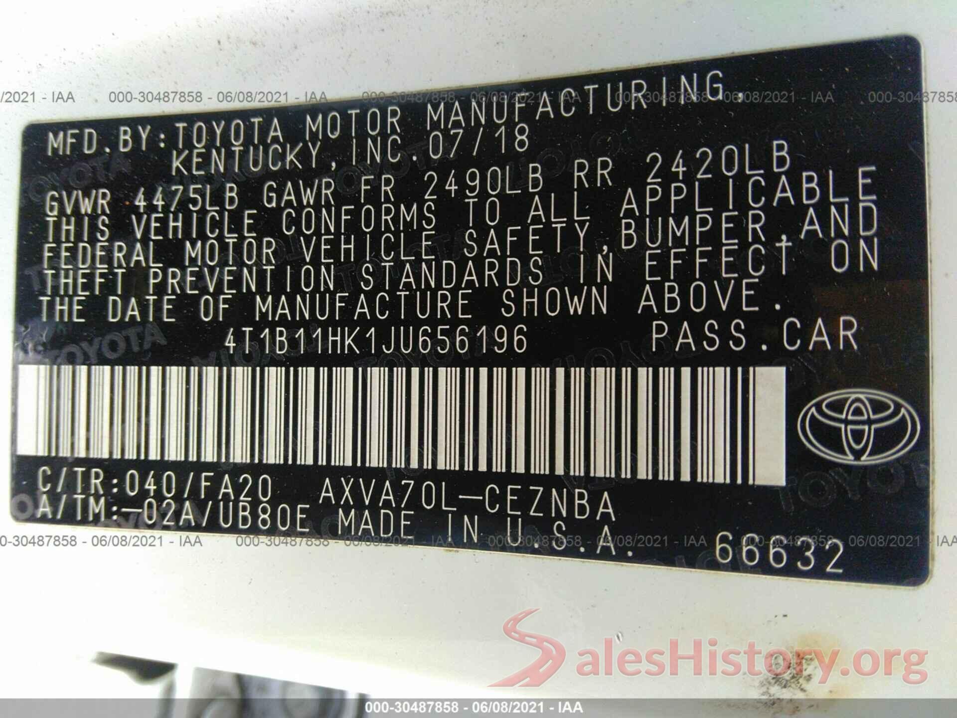 4T1B11HK1JU656196 2018 TOYOTA CAMRY