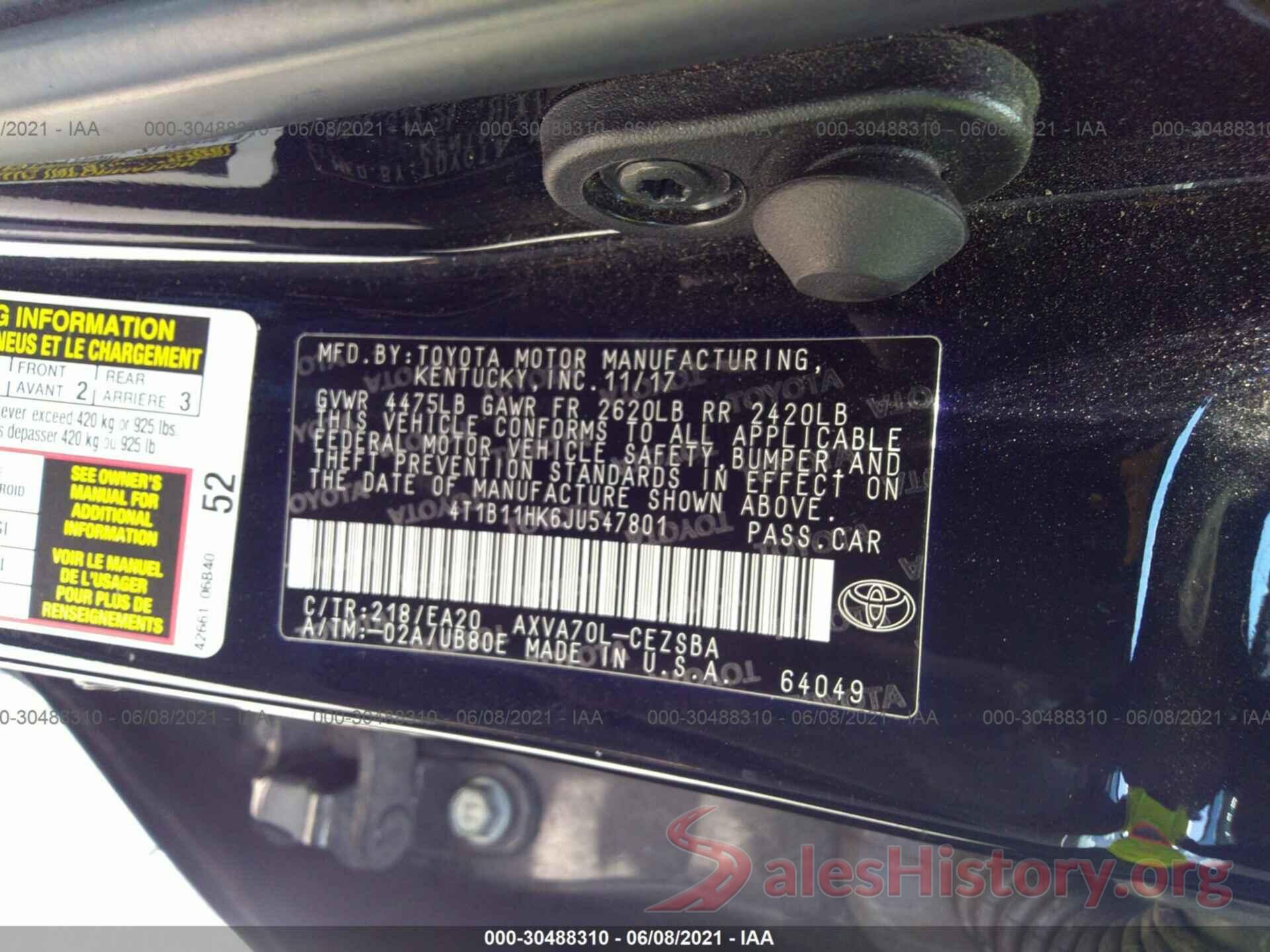 4T1B11HK6JU547801 2018 TOYOTA CAMRY