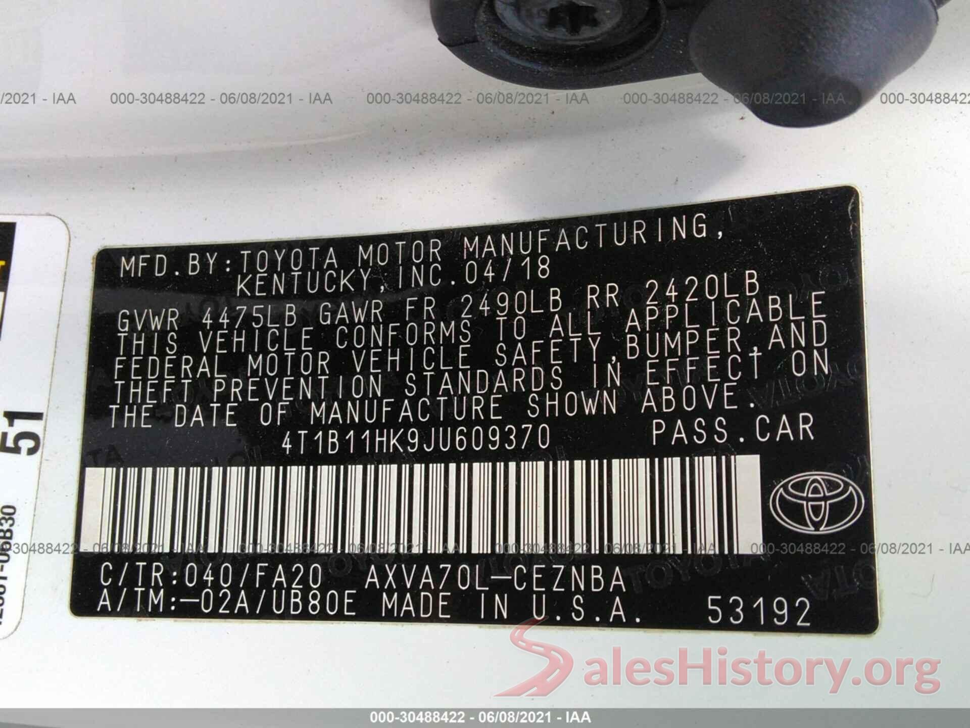 4T1B11HK9JU609370 2018 TOYOTA CAMRY