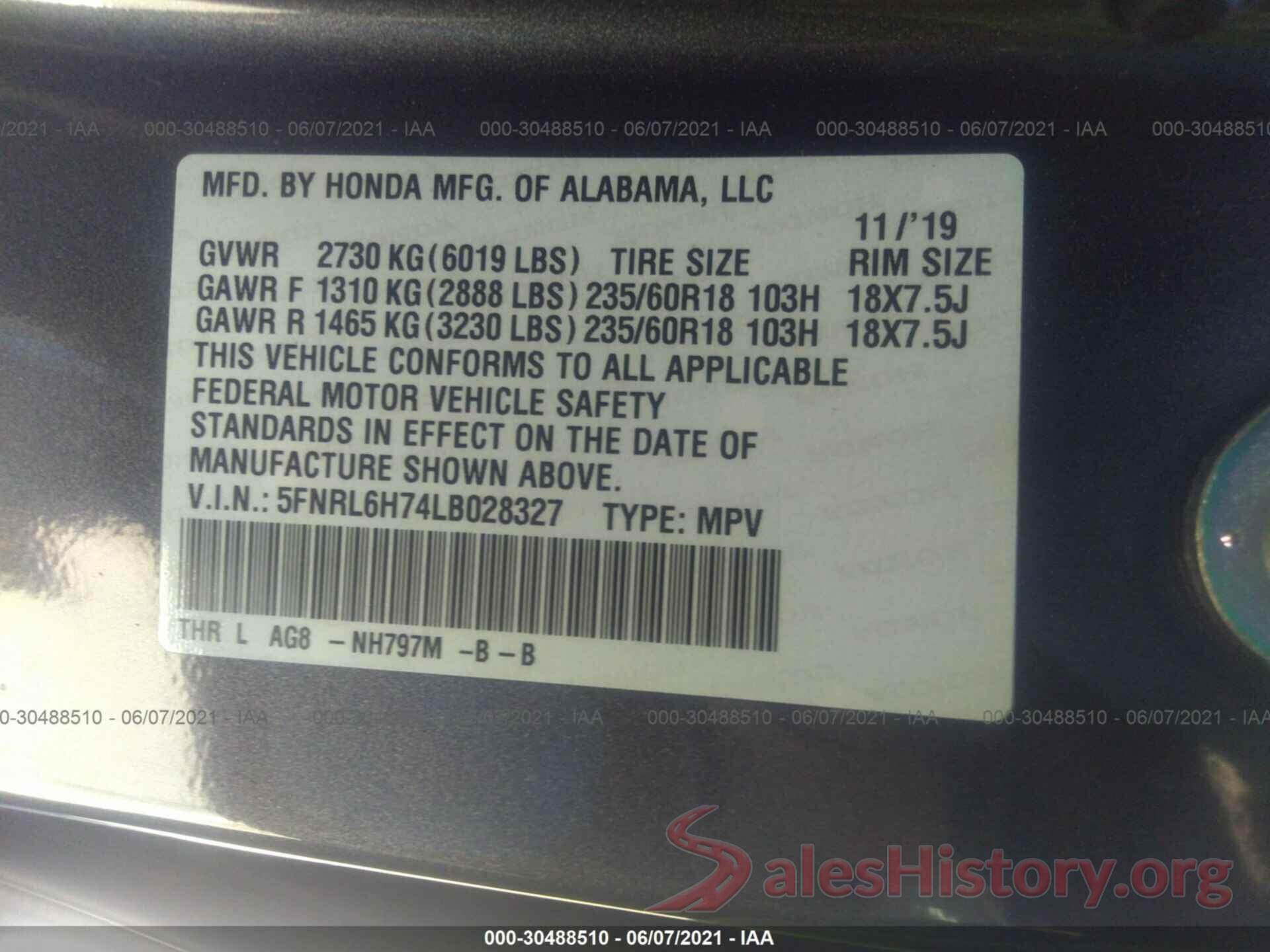 5FNRL6H74LB028327 2020 HONDA ODYSSEY