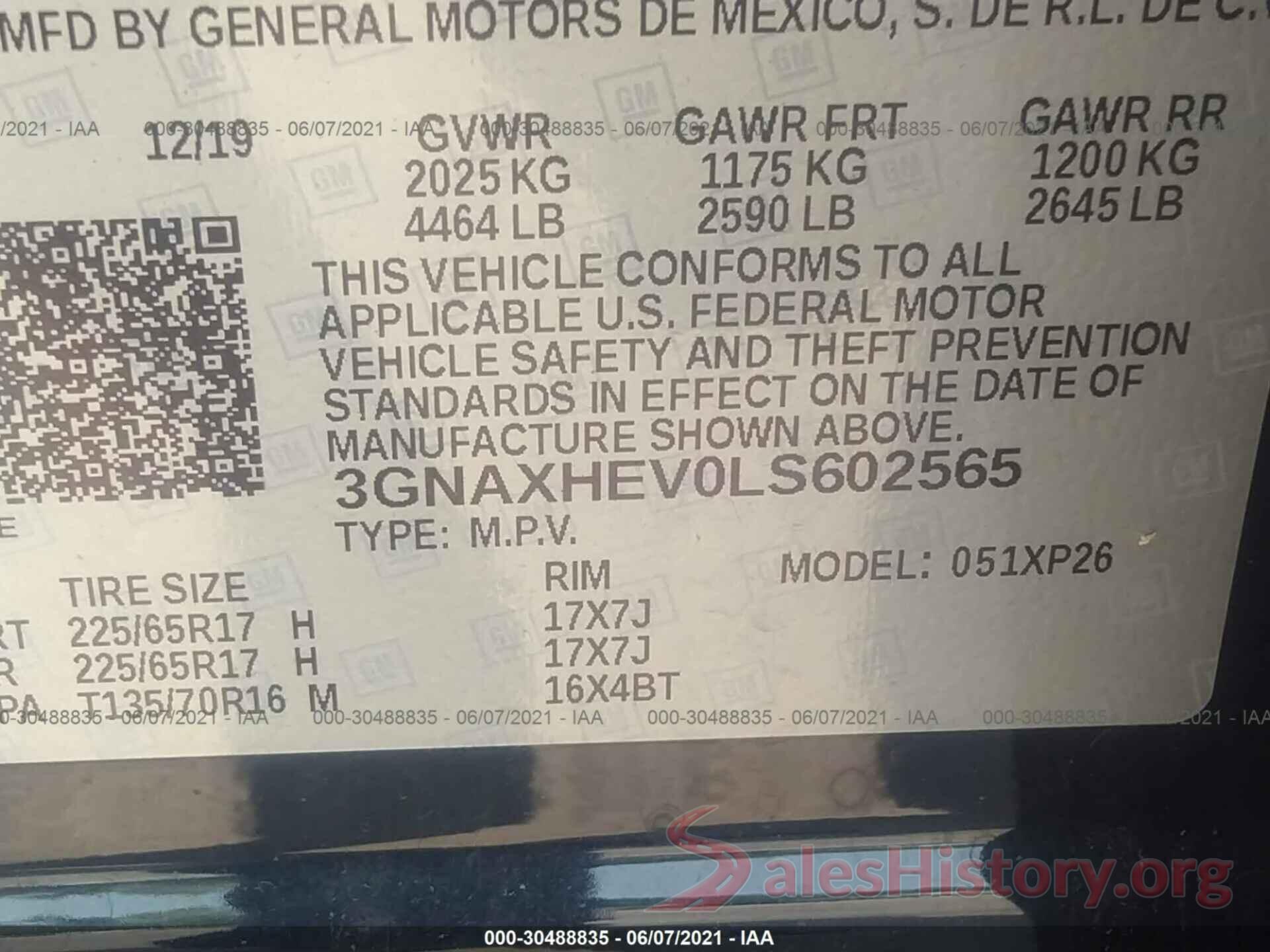 3GNAXHEV0LS602565 2020 CHEVROLET EQUINOX