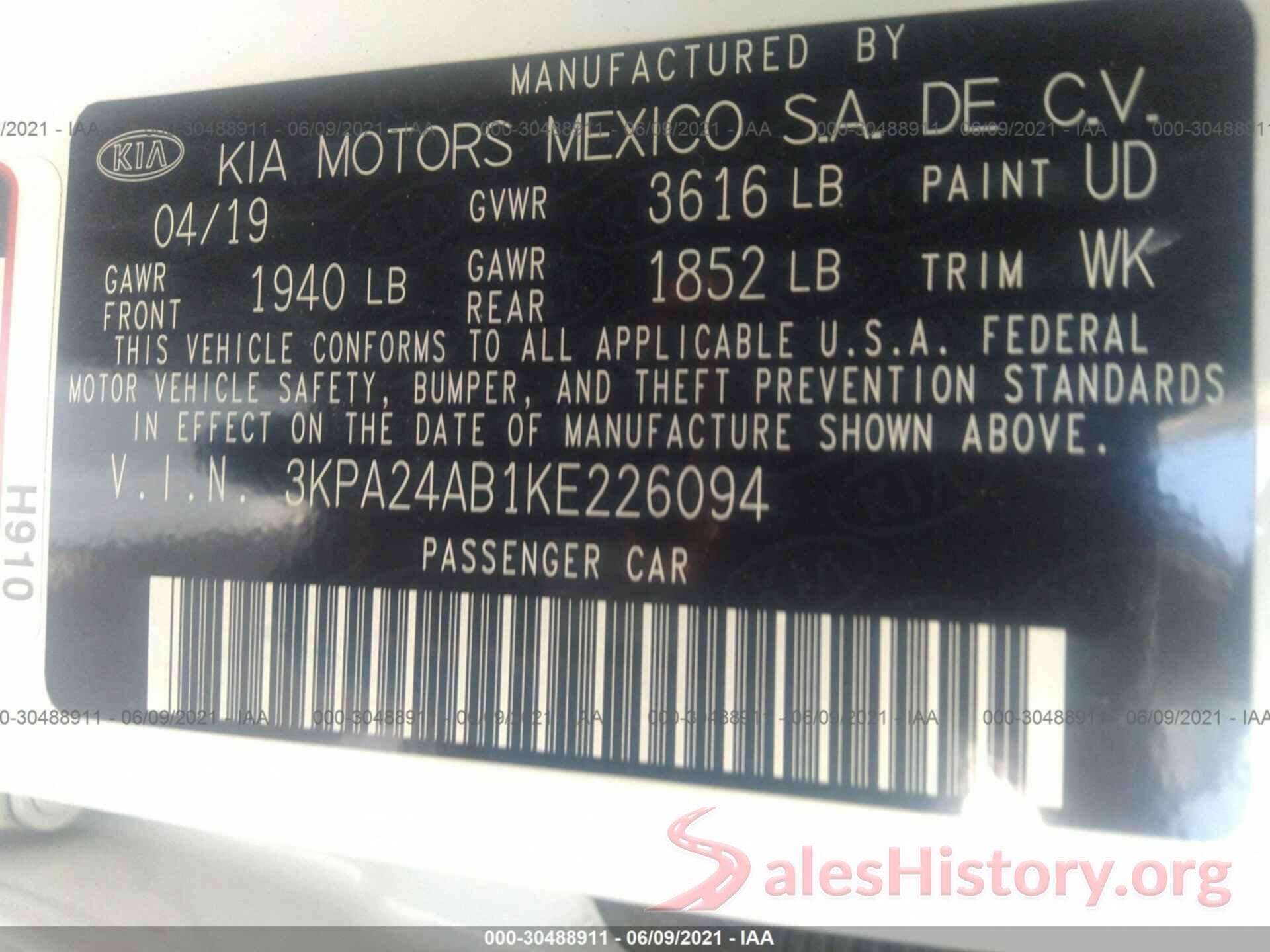 3KPA24AB1KE226094 2019 KIA RIO