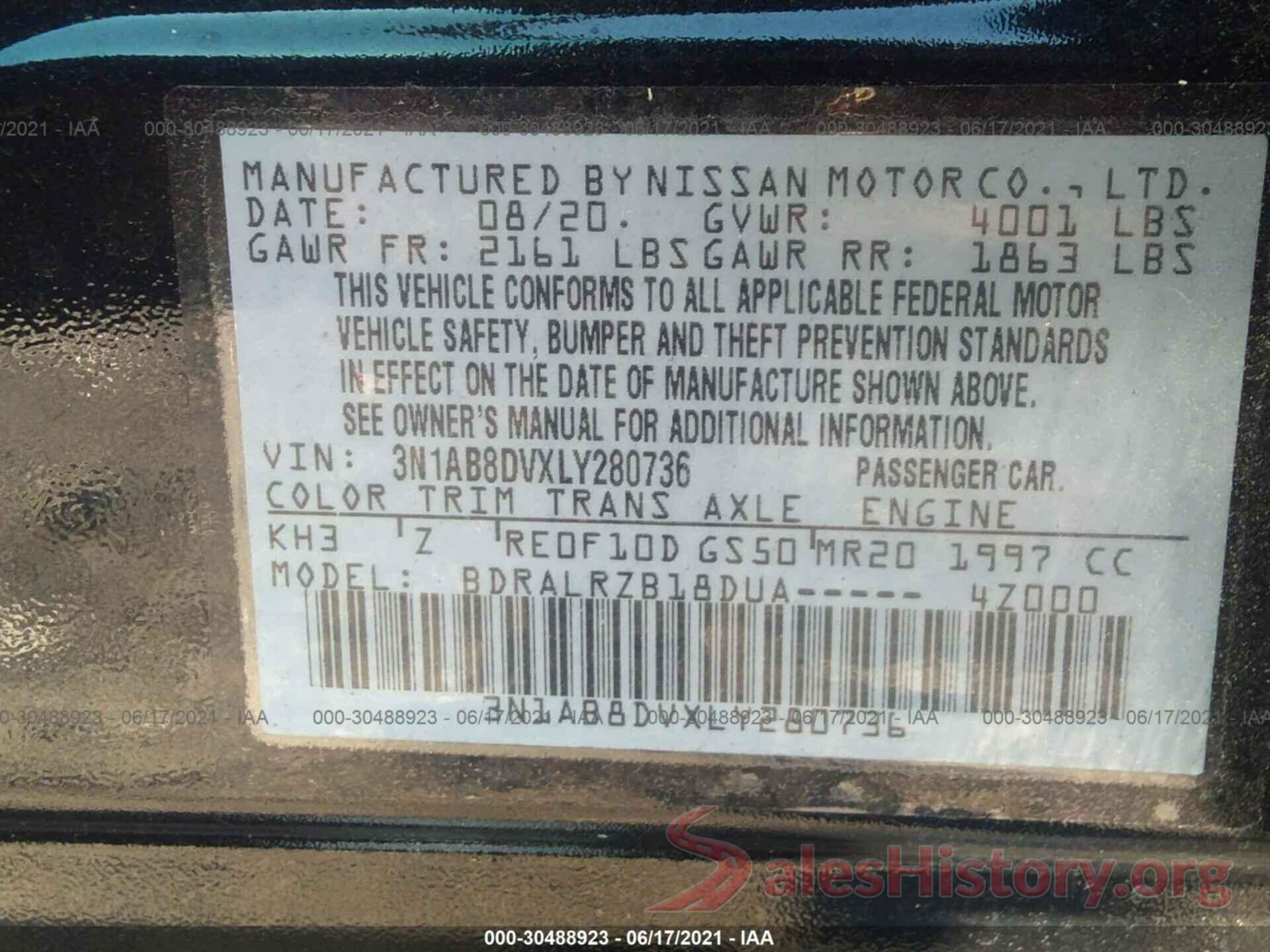 3N1AB8DVXLY280736 2020 NISSAN SENTRA