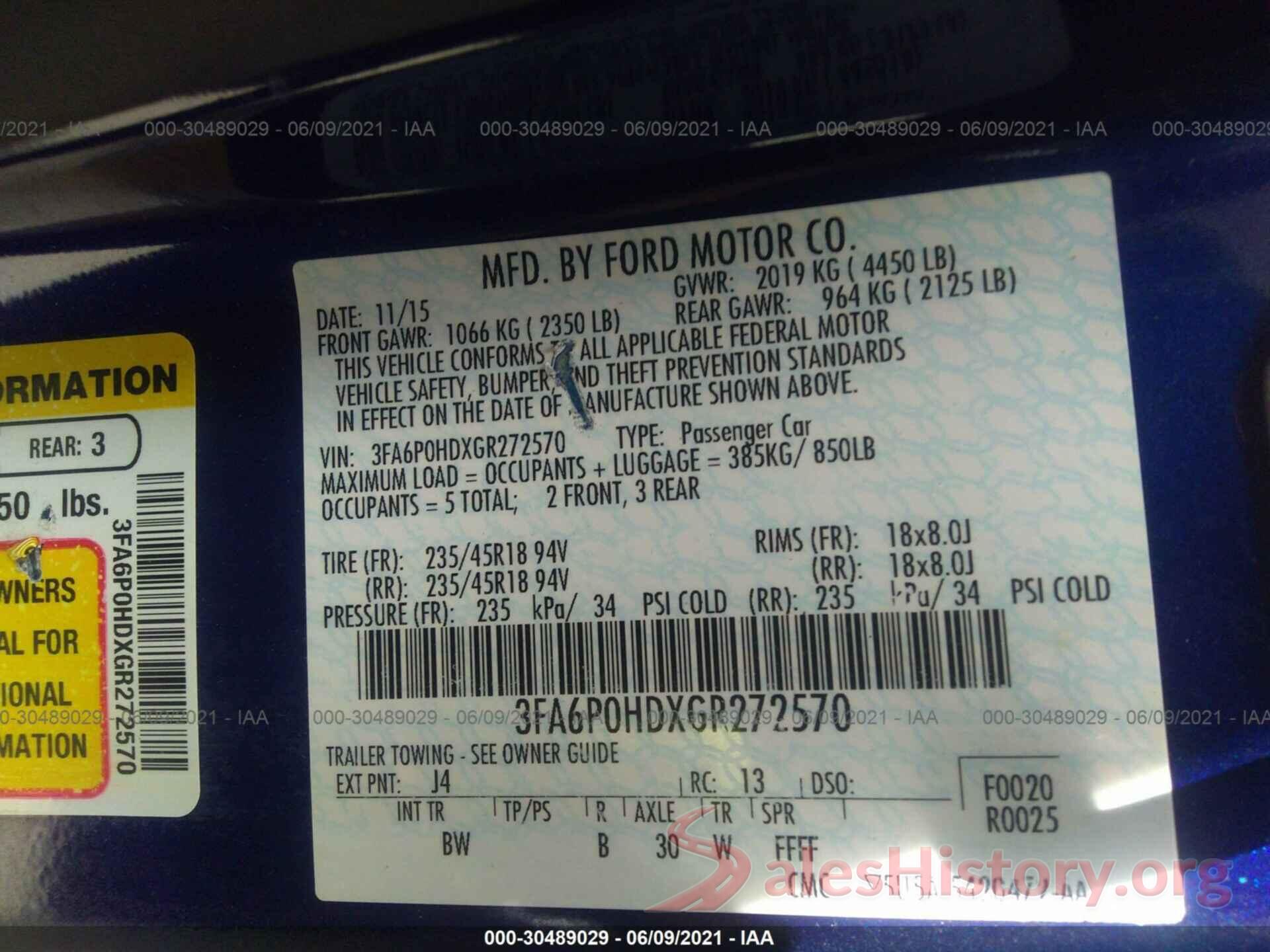 3FA6P0HDXGR272570 2016 FORD FUSION