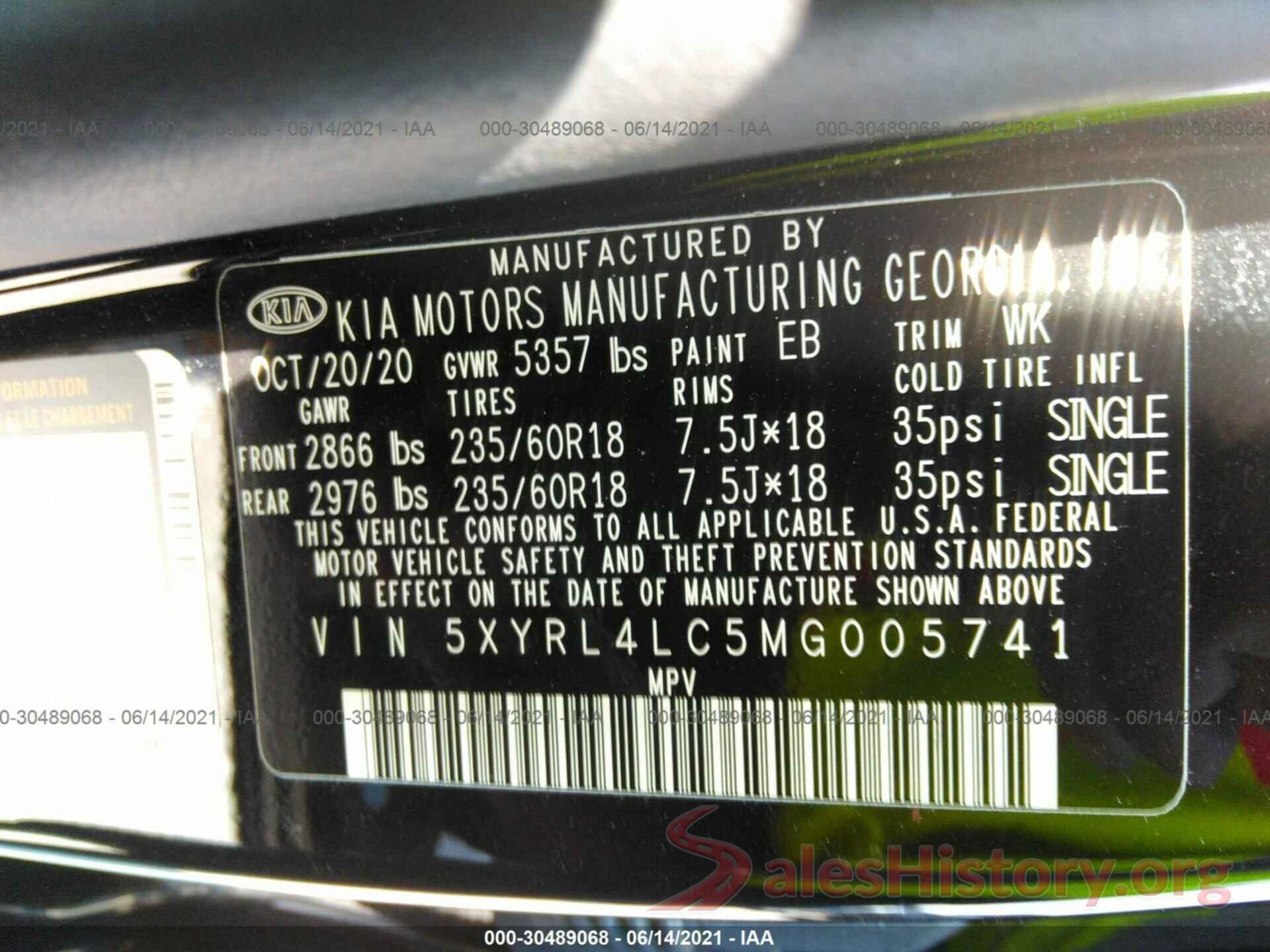 5XYRL4LC5MG005741 2021 KIA SORENTO