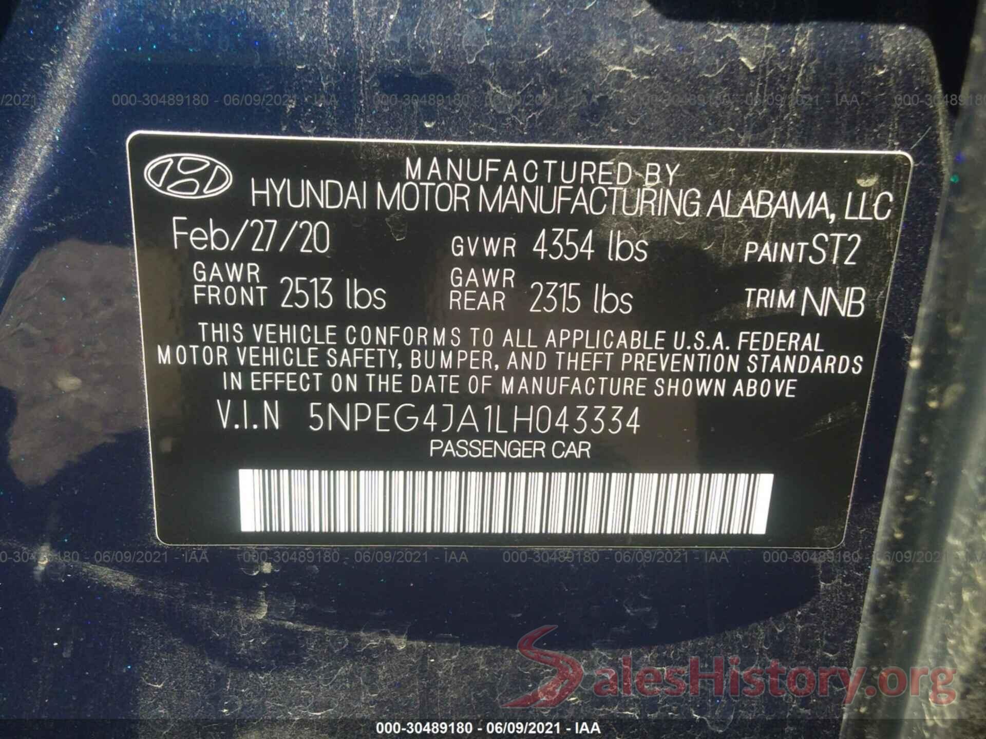 5NPEG4JA1LH043334 2020 HYUNDAI SONATA