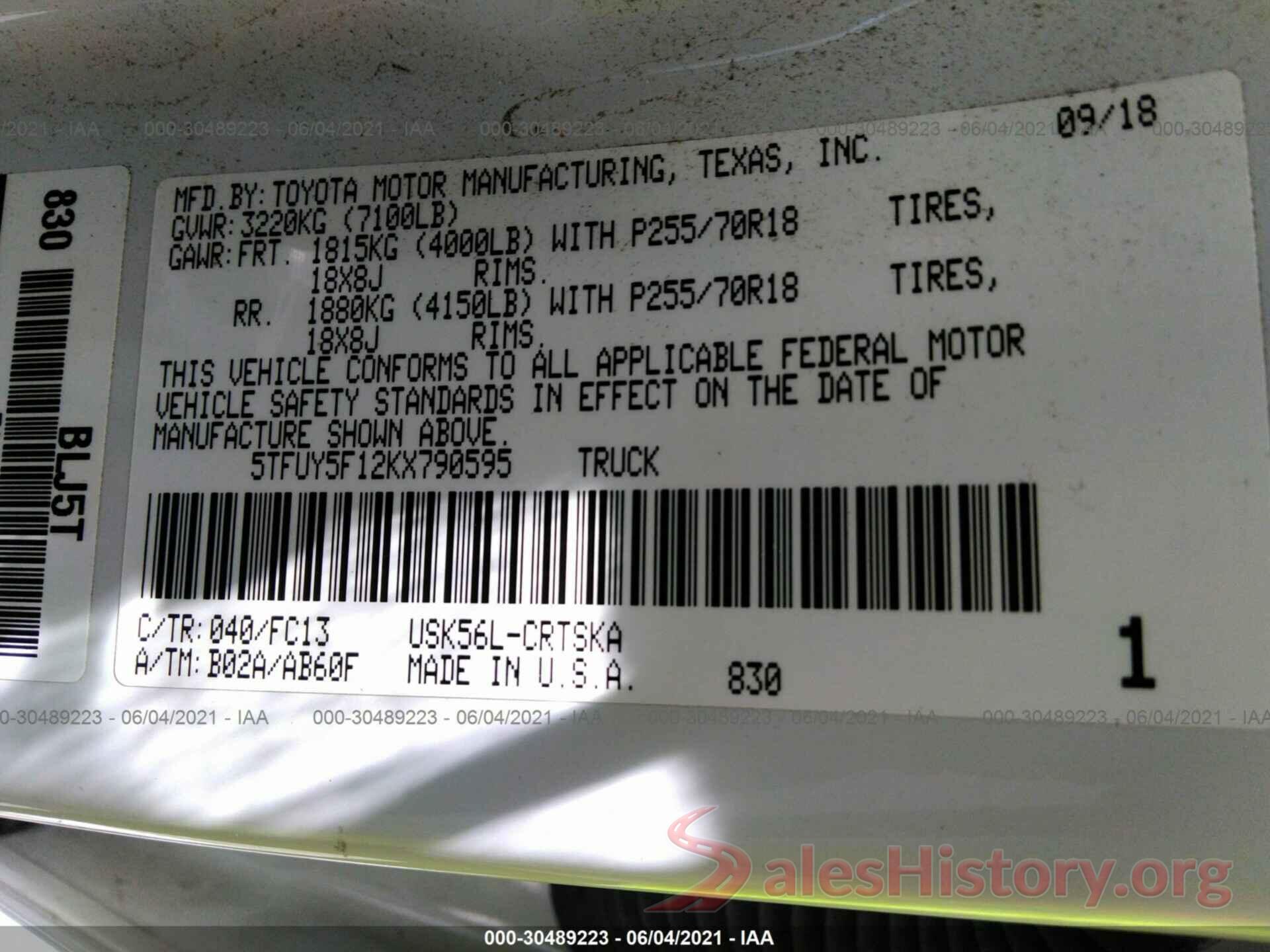 5TFUY5F12KX790595 2019 TOYOTA TUNDRA 4WD