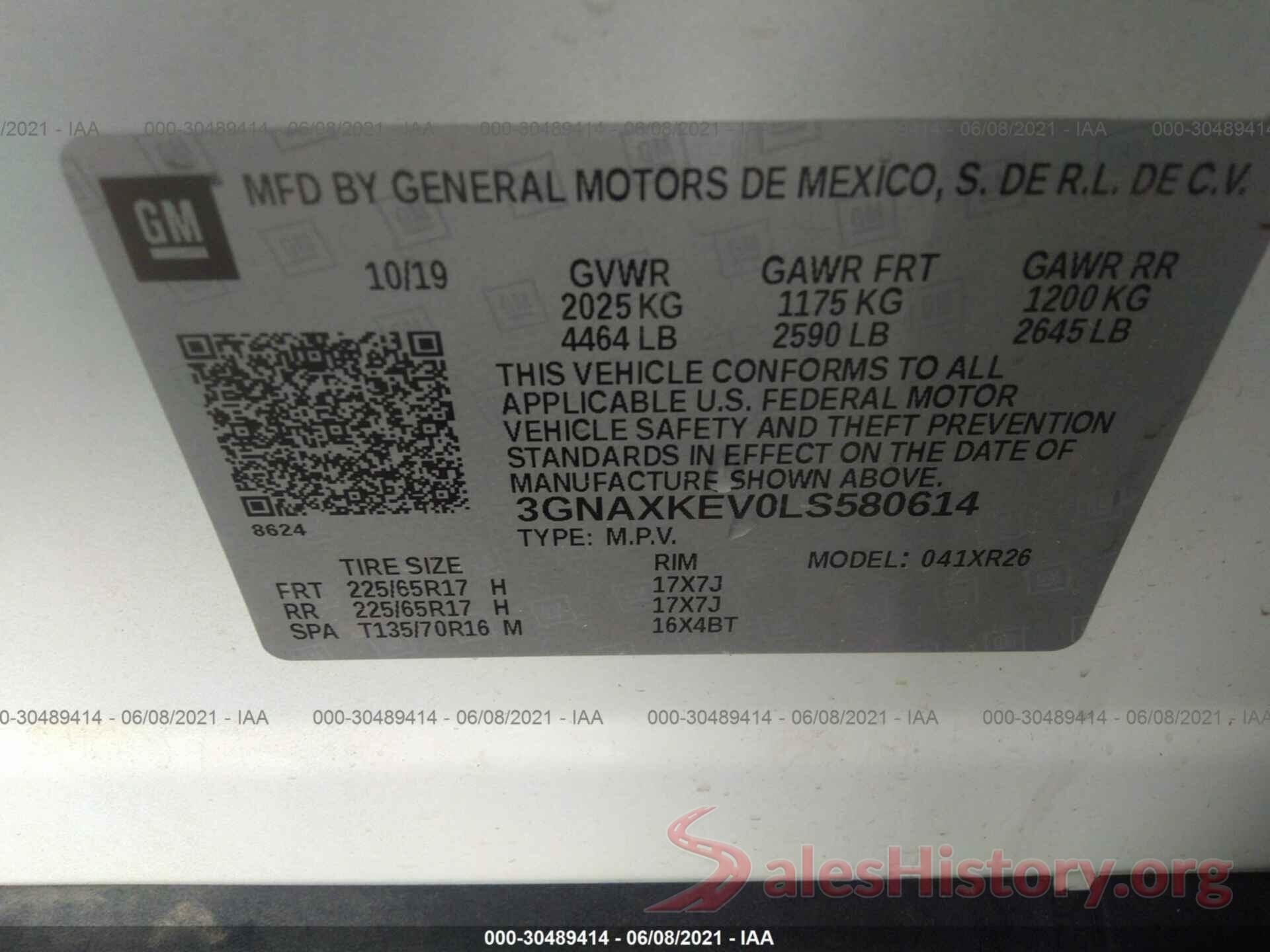 3GNAXKEV0LS580614 2020 CHEVROLET EQUINOX