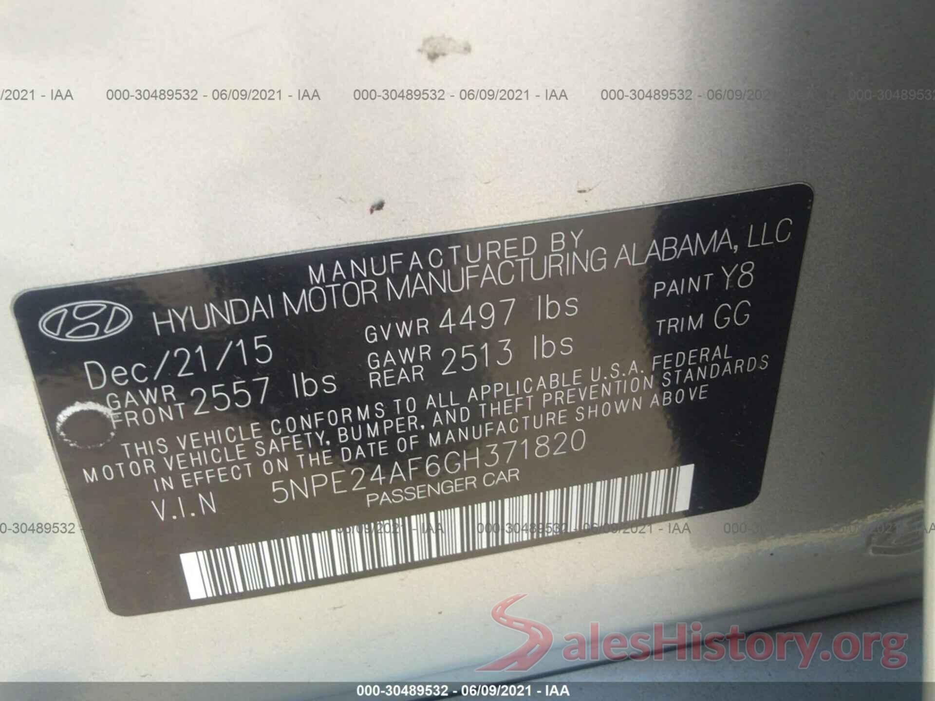 5NPE24AF6GH371820 2016 HYUNDAI SONATA