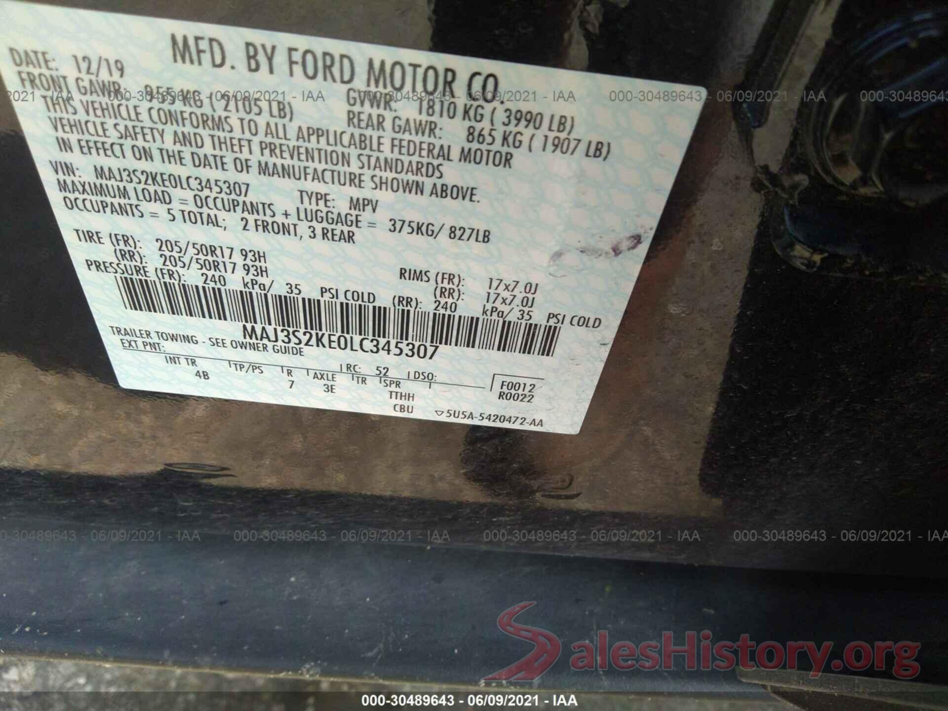 MAJ3S2KE0LC345307 2020 FORD ECOSPORT