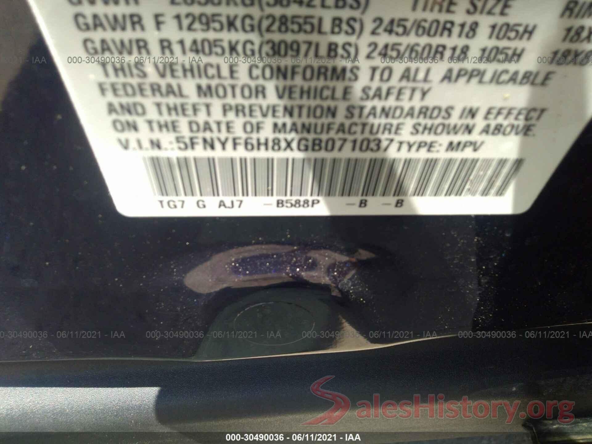 5FNYF6H8XGB071037 2016 HONDA PILOT