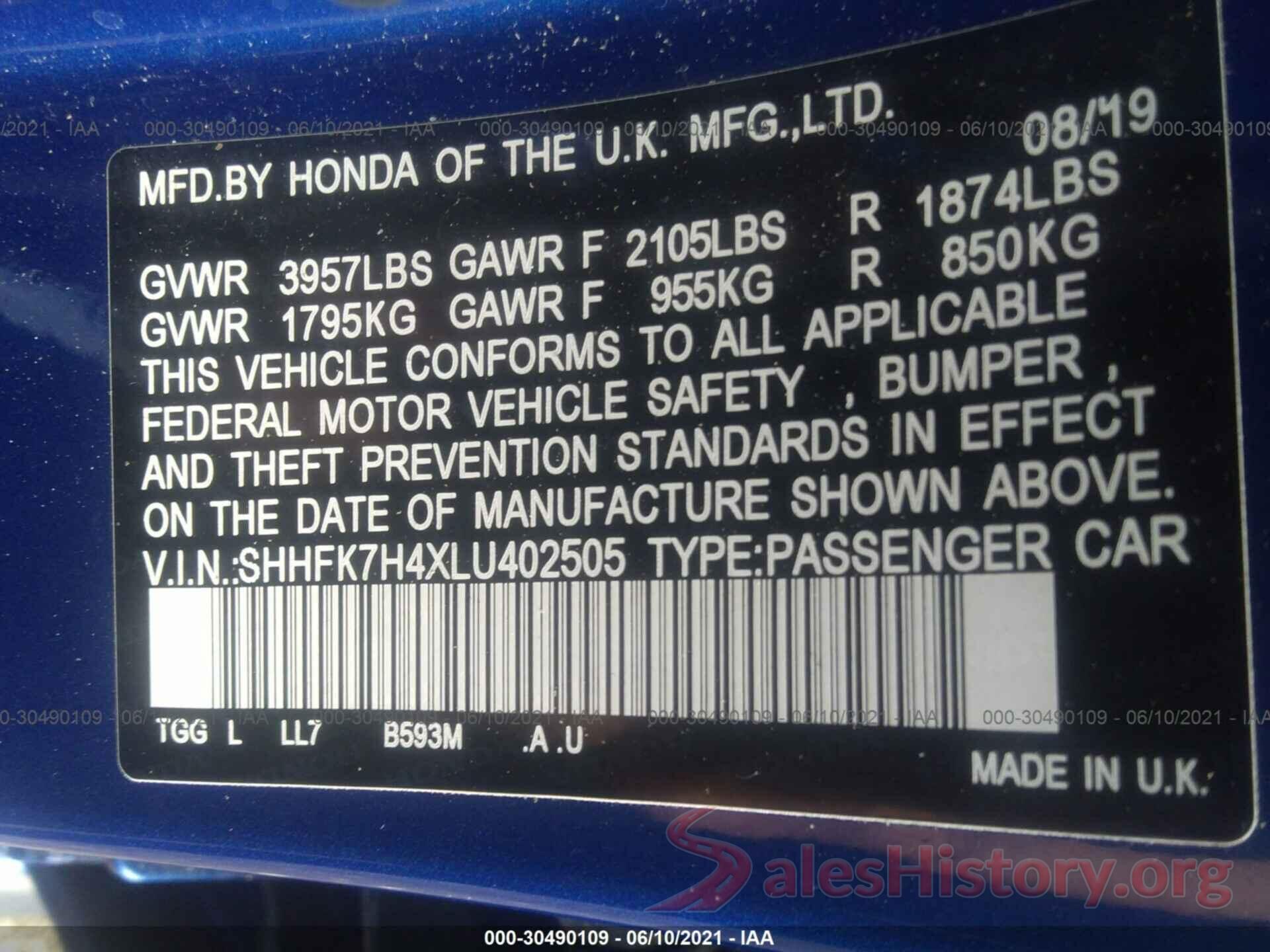 SHHFK7H4XLU402505 2020 HONDA CIVIC HATCHBACK