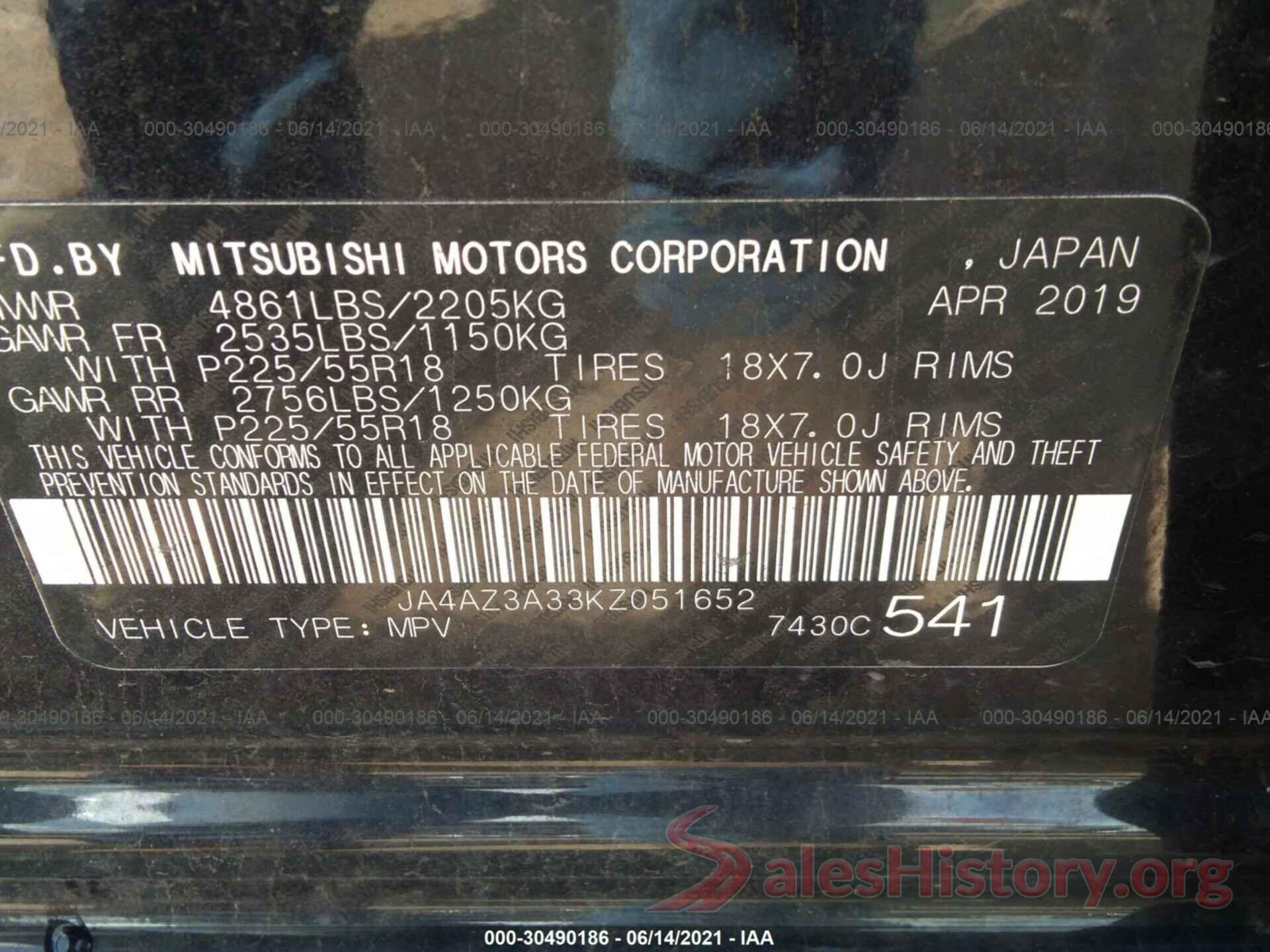 JA4AZ3A33KZ051652 2019 MITSUBISHI OUTLANDER