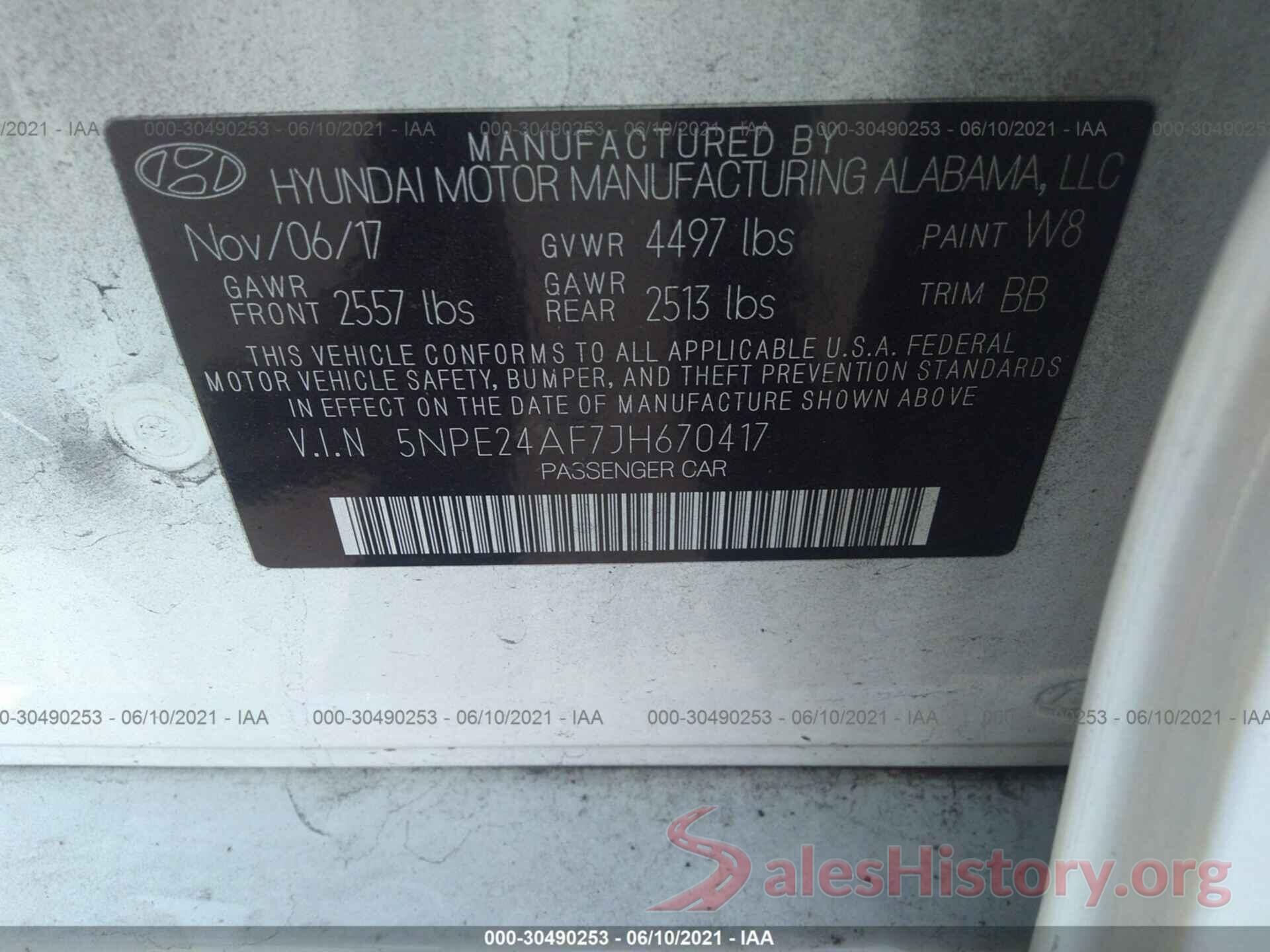 5NPE24AF7JH670417 2018 HYUNDAI SONATA