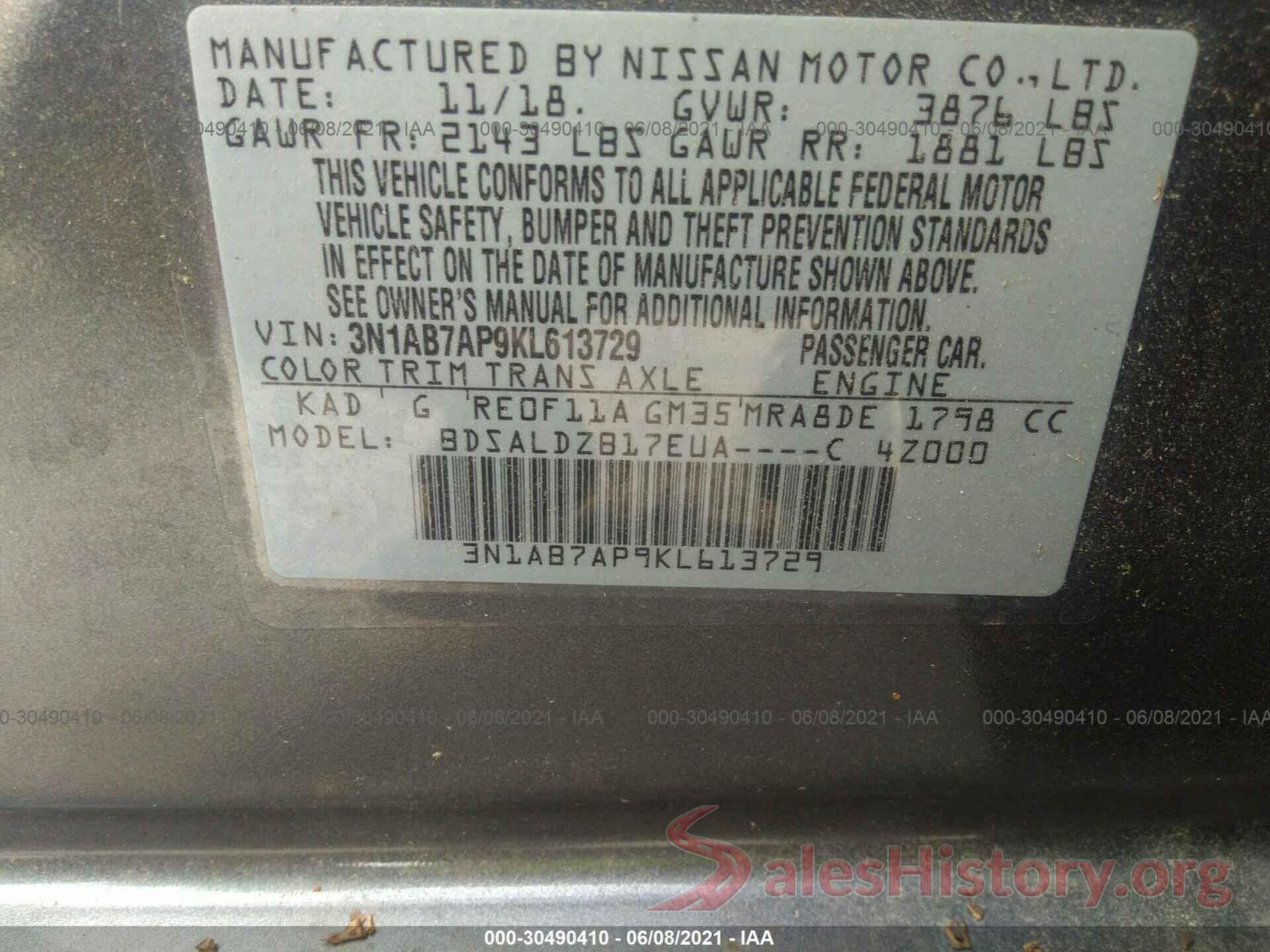 3N1AB7AP9KL613729 2019 NISSAN SENTRA