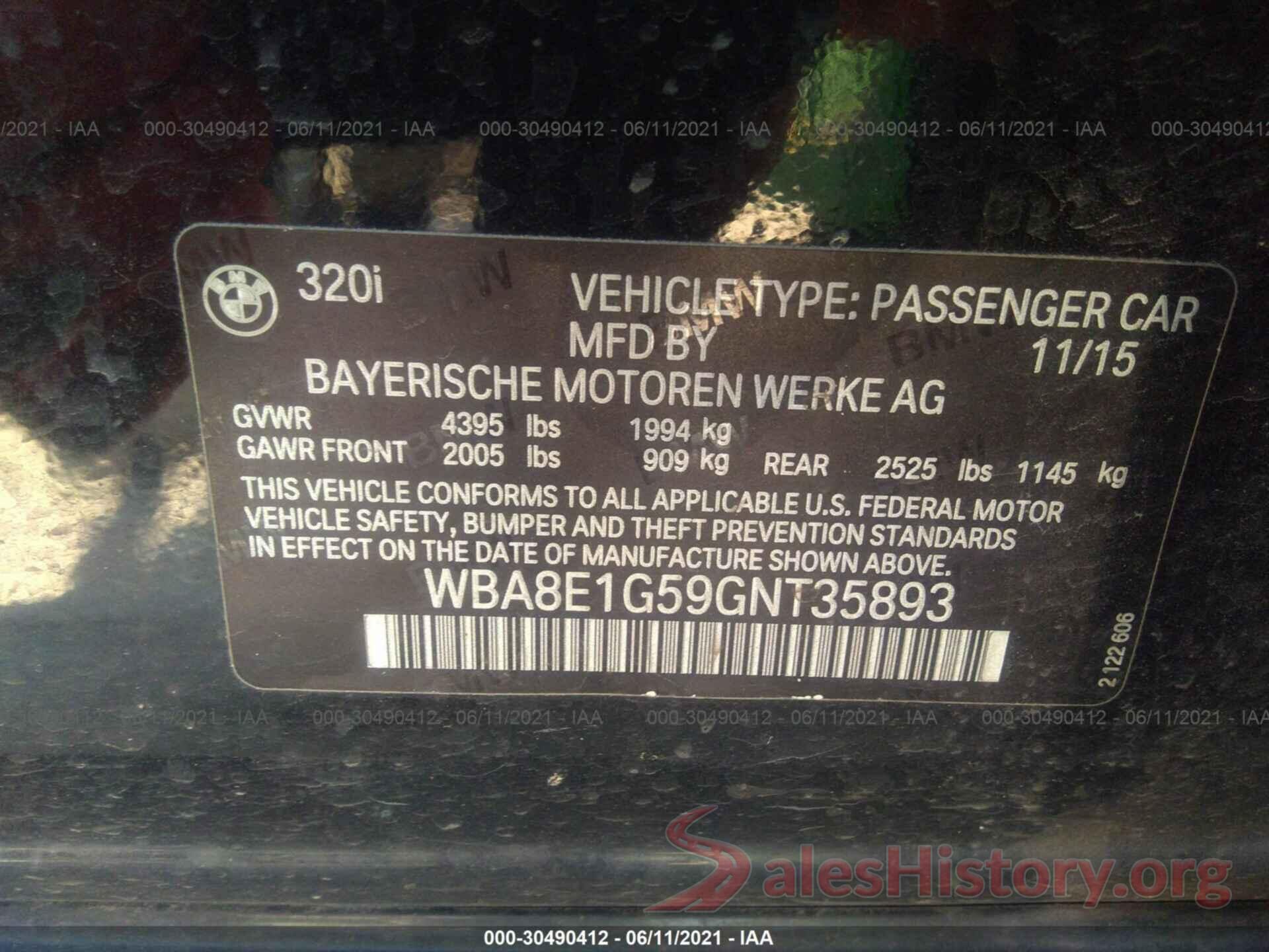 WBA8E1G59GNT35893 2016 BMW 3 SERIES