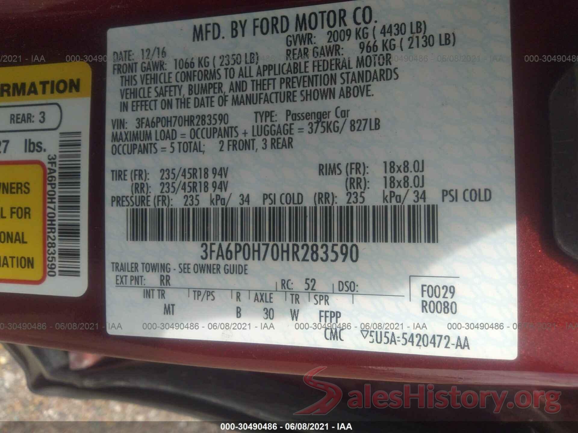 3FA6P0H70HR283590 2017 FORD FUSION