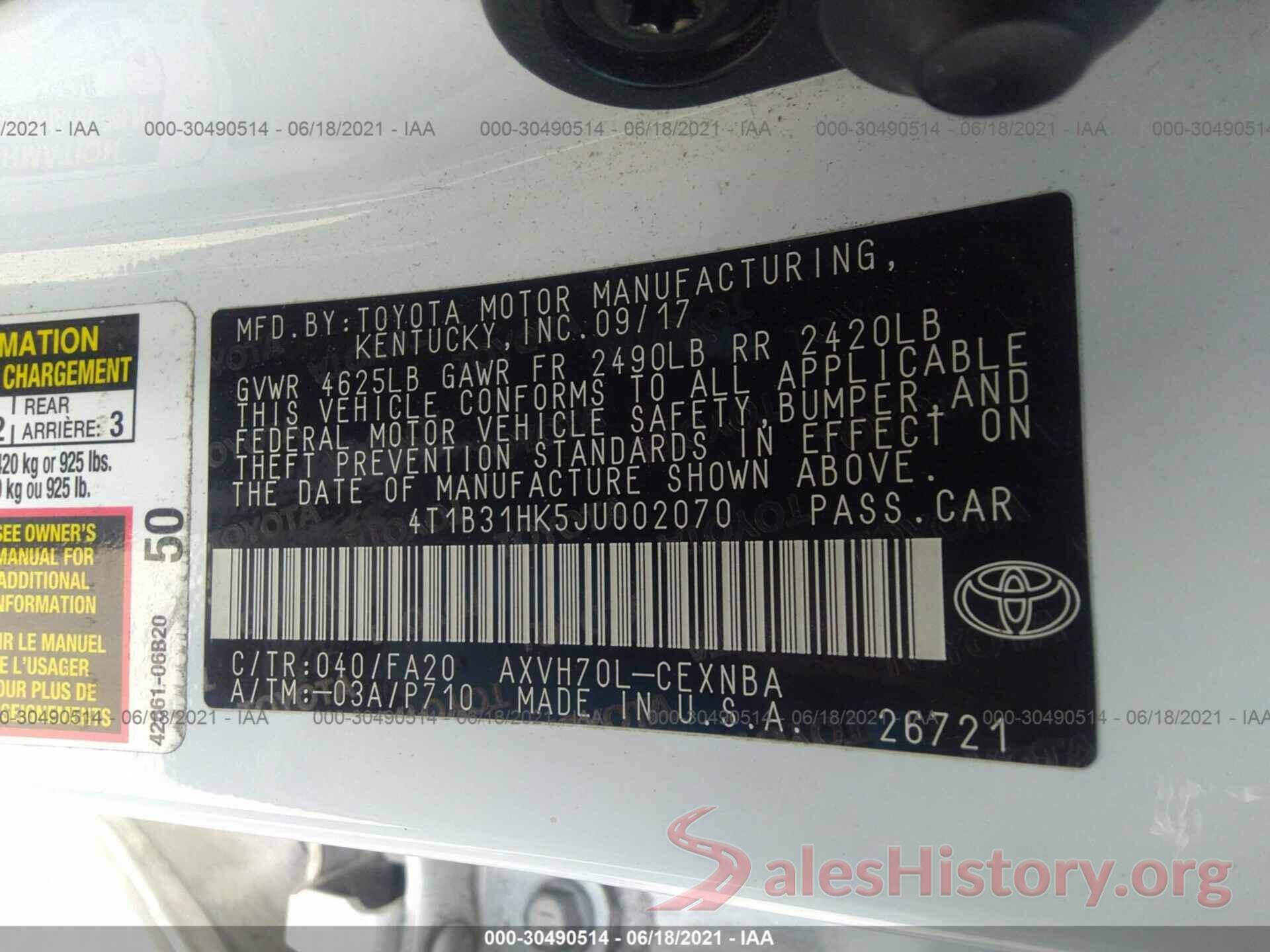 4T1B31HK5JU002070 2018 TOYOTA CAMRY