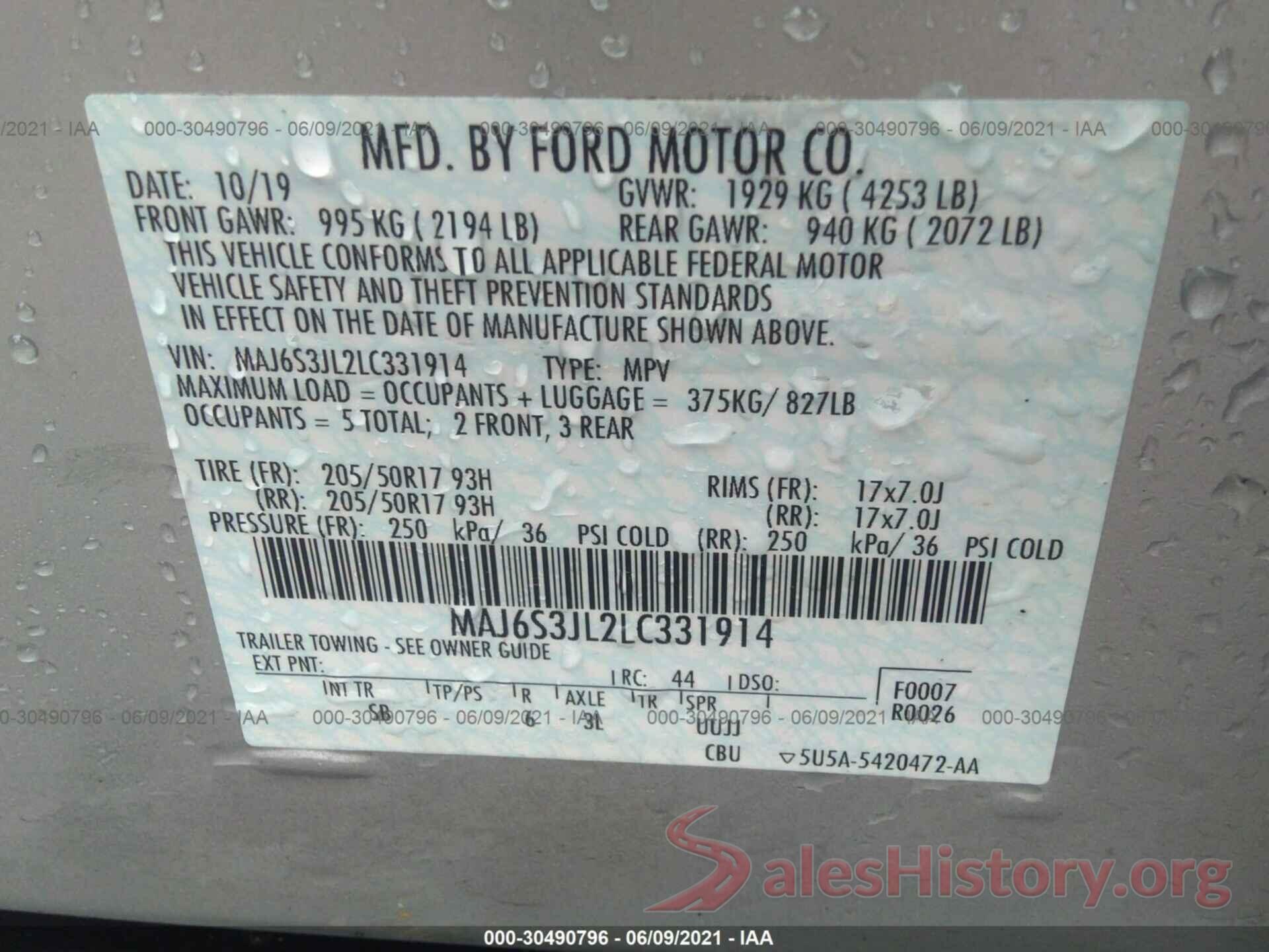 MAJ6S3JL2LC331914 2020 FORD ECOSPORT