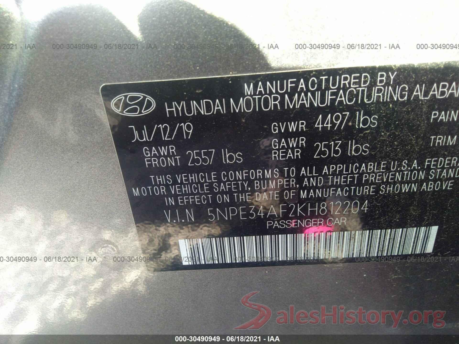 5NPE34AF2KH812204 2019 HYUNDAI SONATA