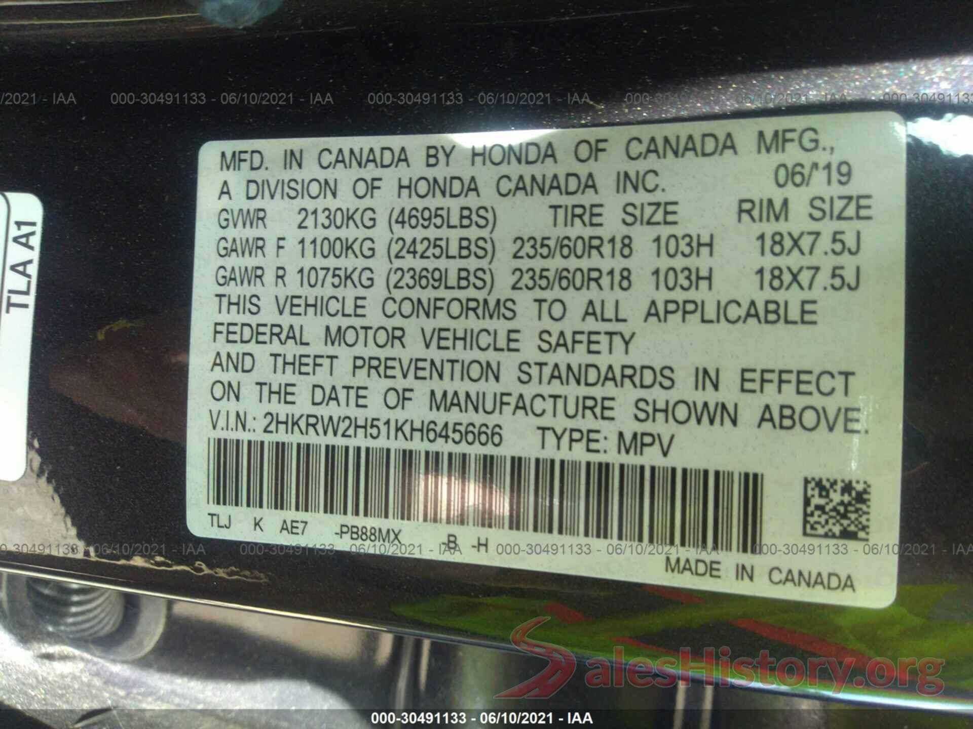 2HKRW2H51KH645666 2019 HONDA CR-V