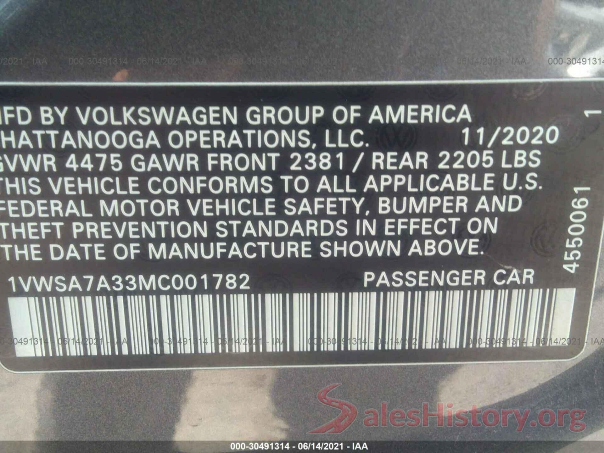 1VWSA7A33MC001782 2021 VOLKSWAGEN PASSAT