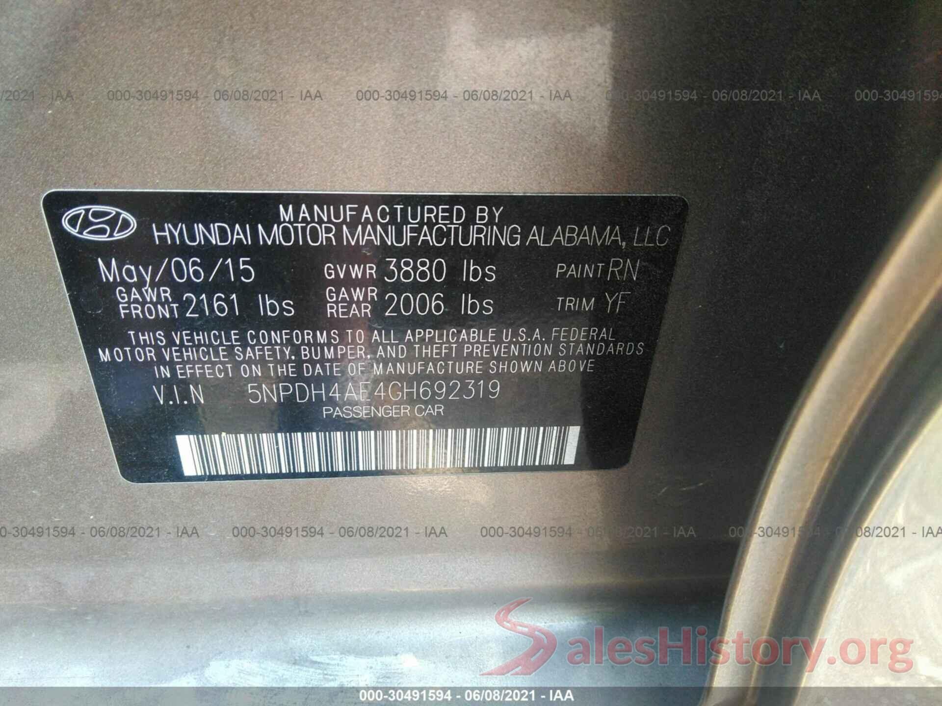 5NPDH4AE4GH692319 2016 HYUNDAI ELANTRA