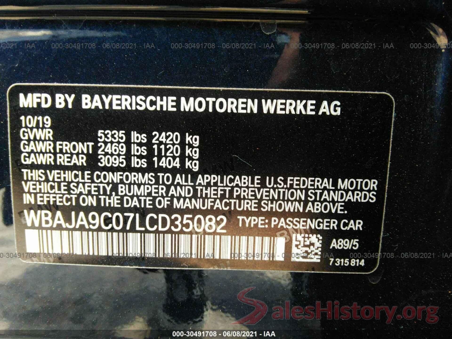 WBAJA9C07LCD35082 2020 BMW 5 SERIES