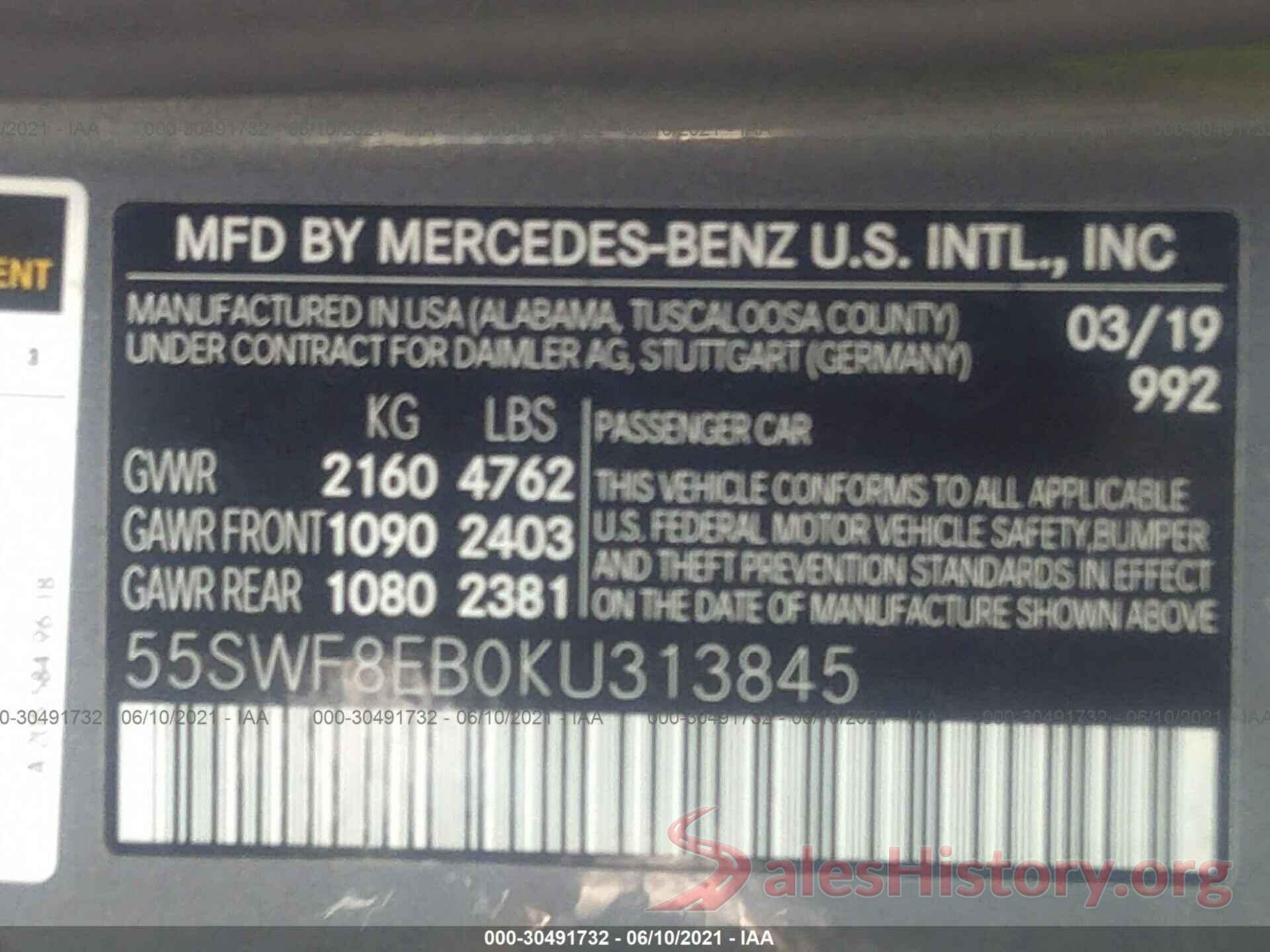 55SWF8EB0KU313845 2019 MERCEDES-BENZ C-CLASS