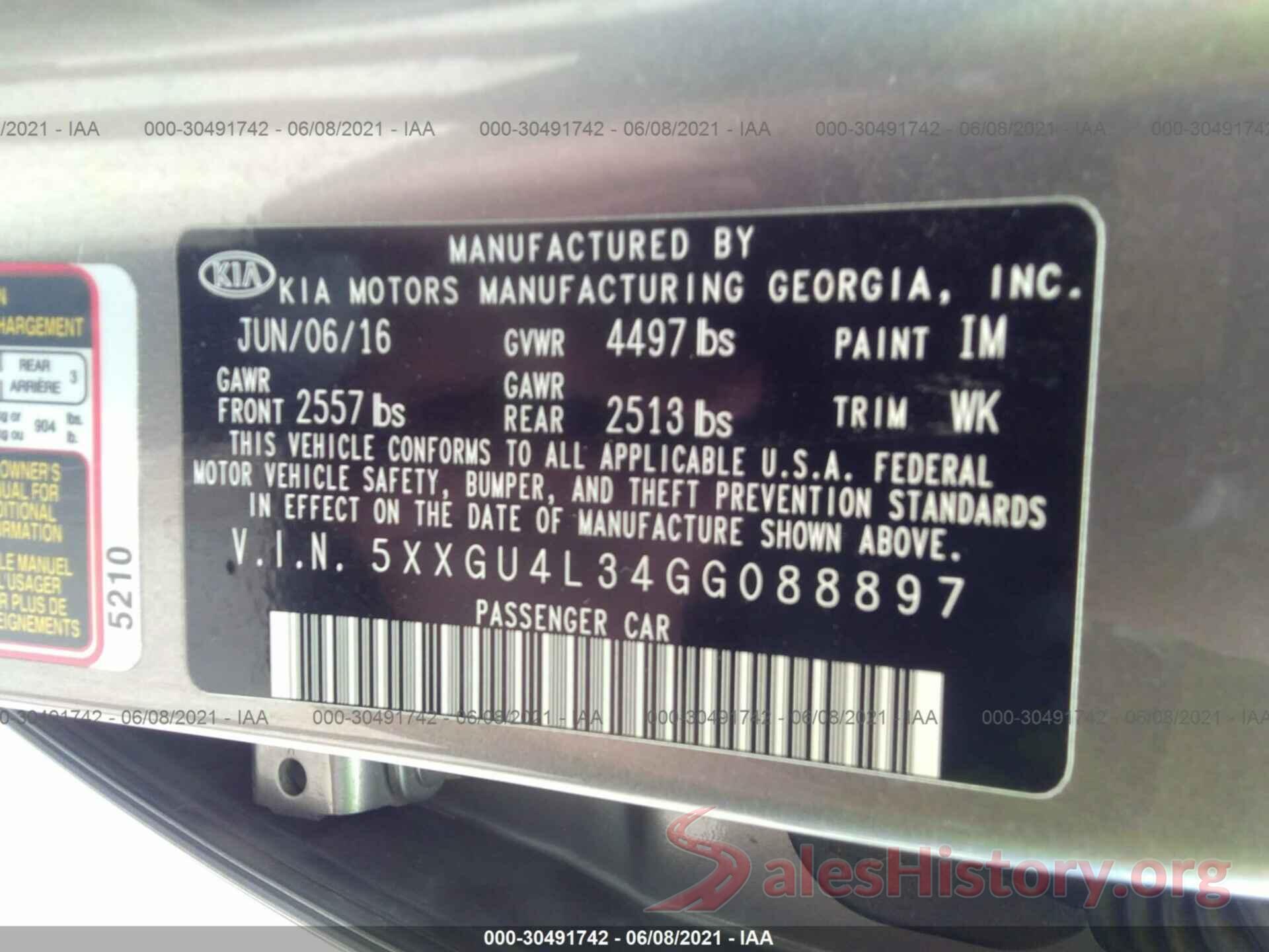 5XXGU4L34GG088897 2016 KIA OPTIMA