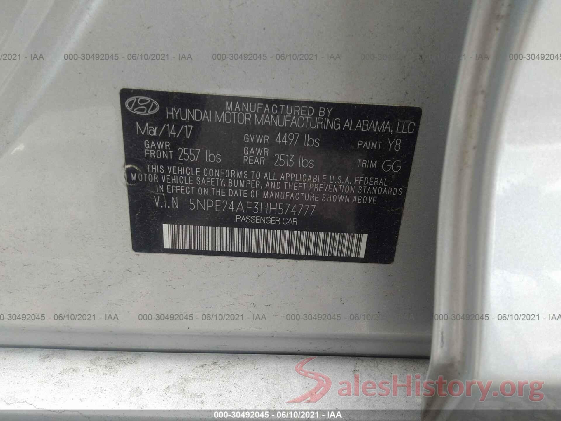 5NPE24AF3HH574777 2017 HYUNDAI SONATA