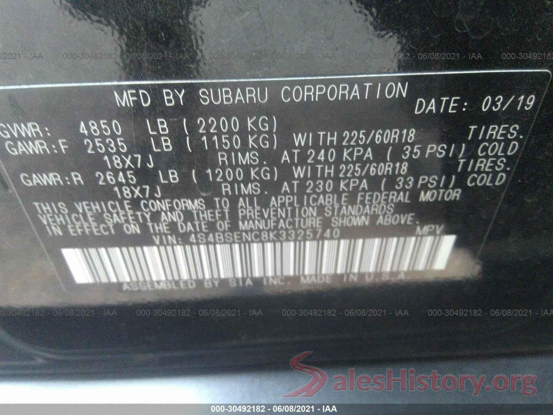 4S4BSENC8K3325740 2019 SUBARU OUTBACK