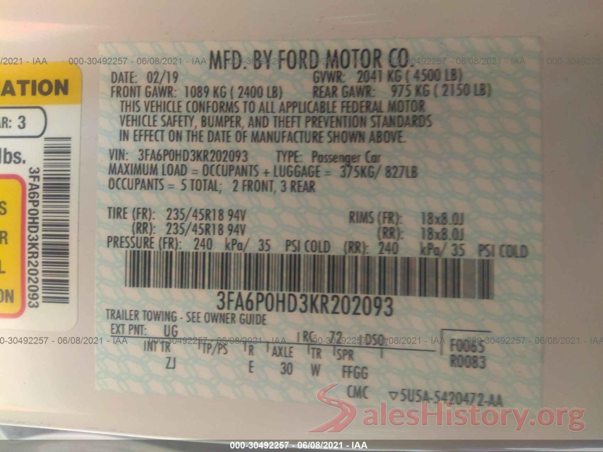 3FA6P0HD3KR202093 2019 FORD FUSION