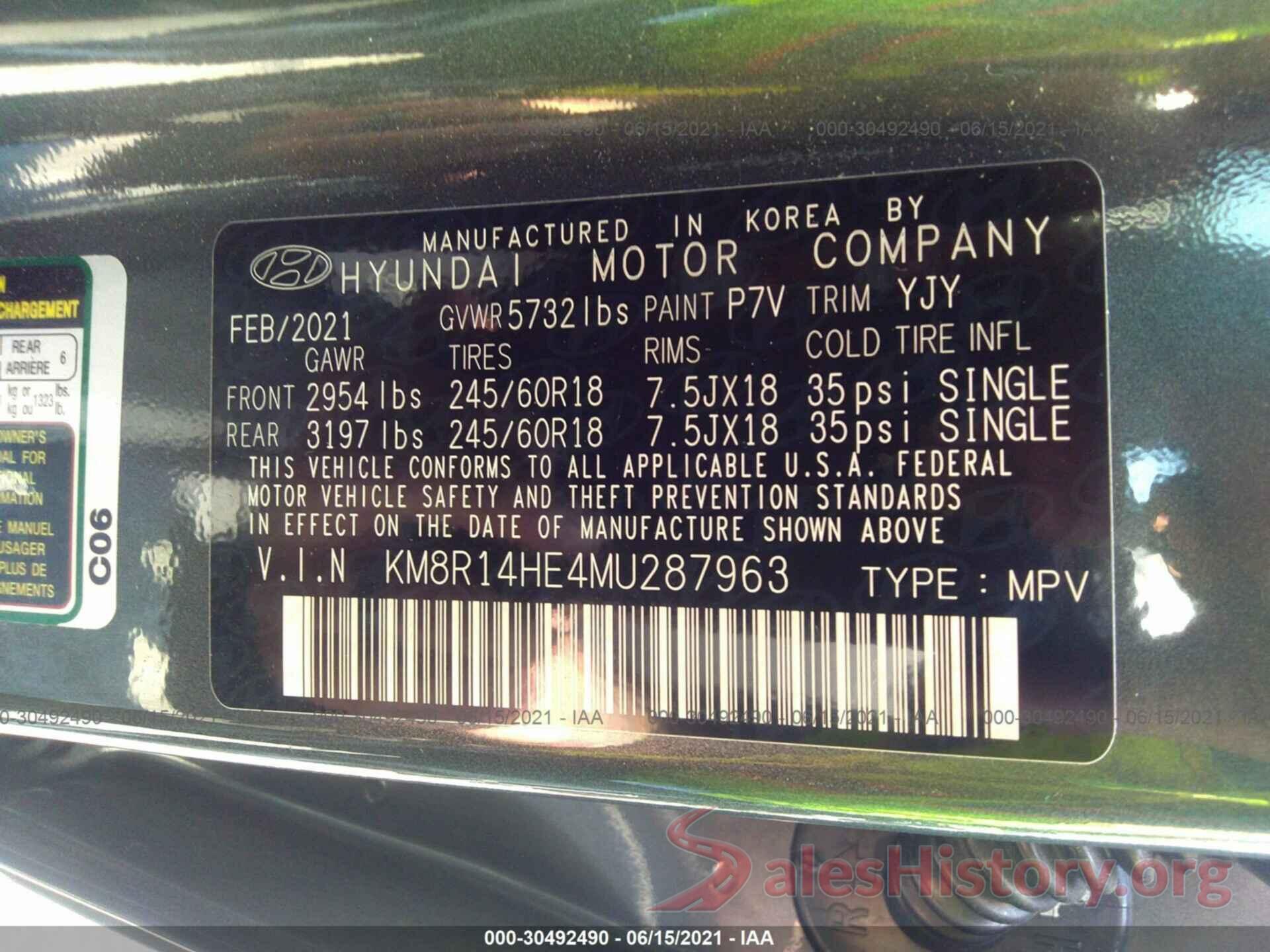 KM8R14HE4MU287963 2021 HYUNDAI PALISADE