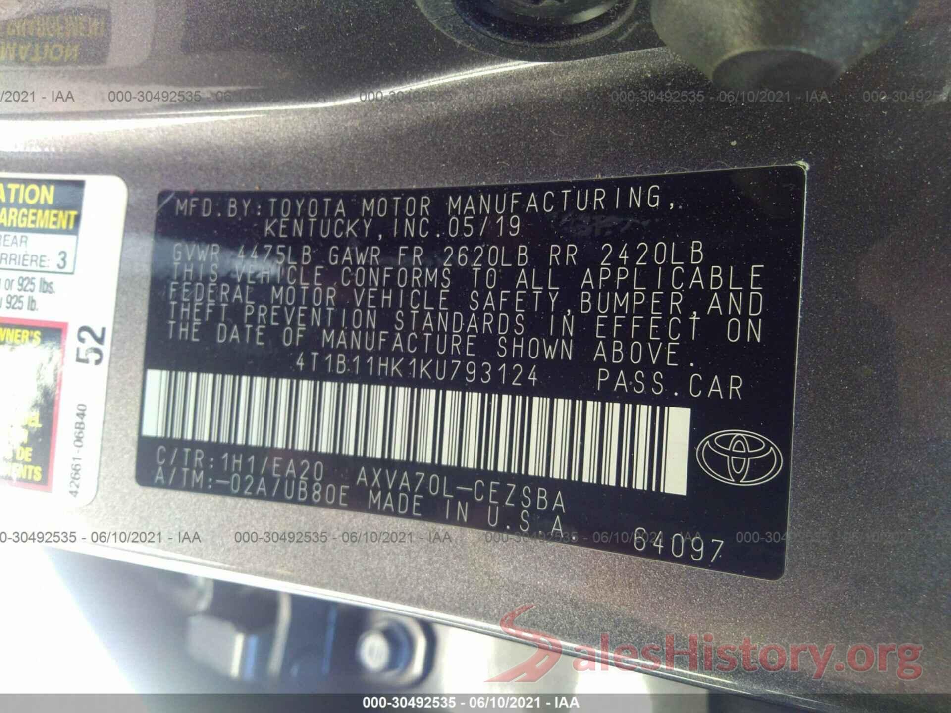 4T1B11HK1KU793124 2019 TOYOTA CAMRY