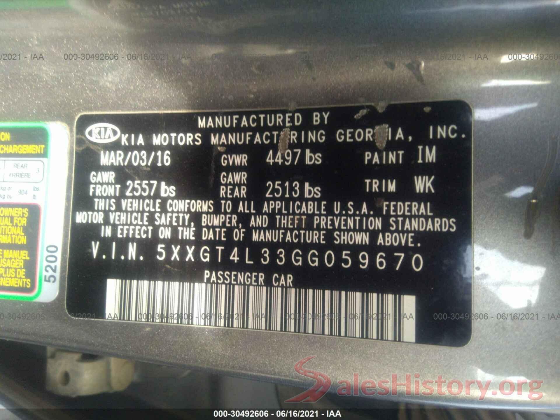 5XXGT4L33GG059670 2016 KIA OPTIMA