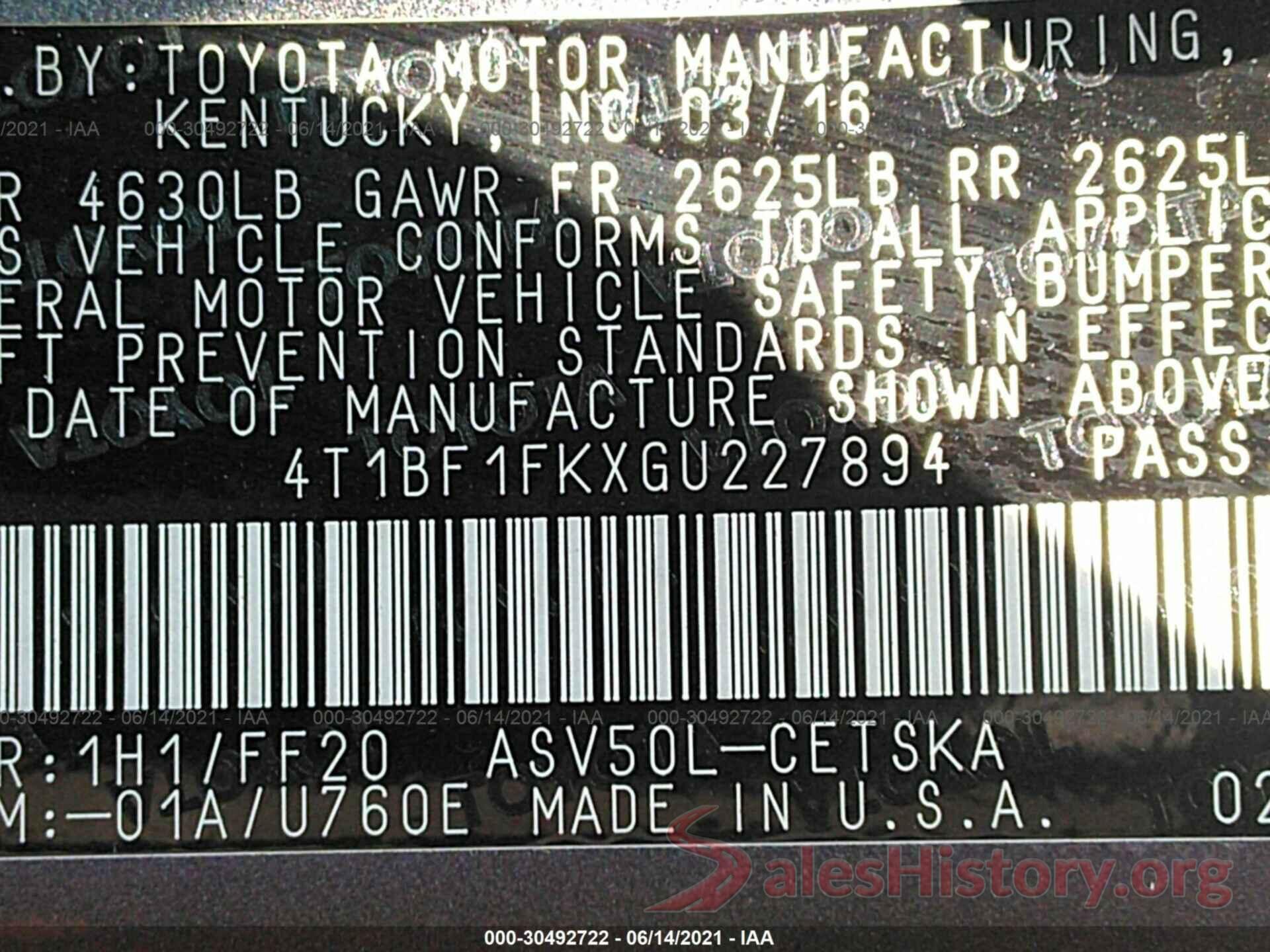 4T1BF1FKXGU227894 2016 TOYOTA CAMRY