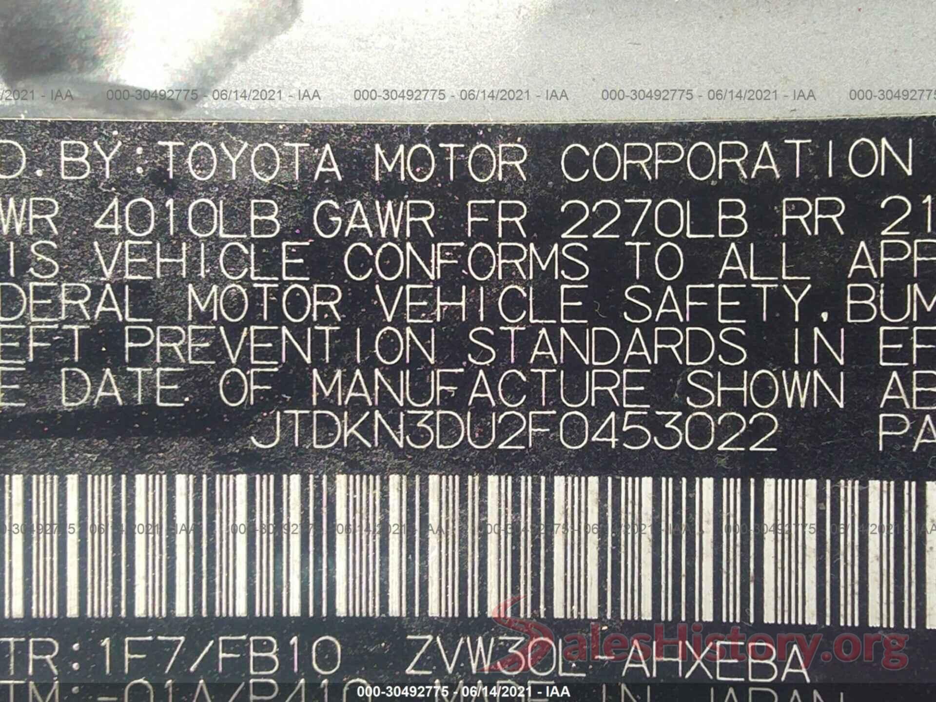 JTDKN3DU2F0453022 2015 TOYOTA PRIUS