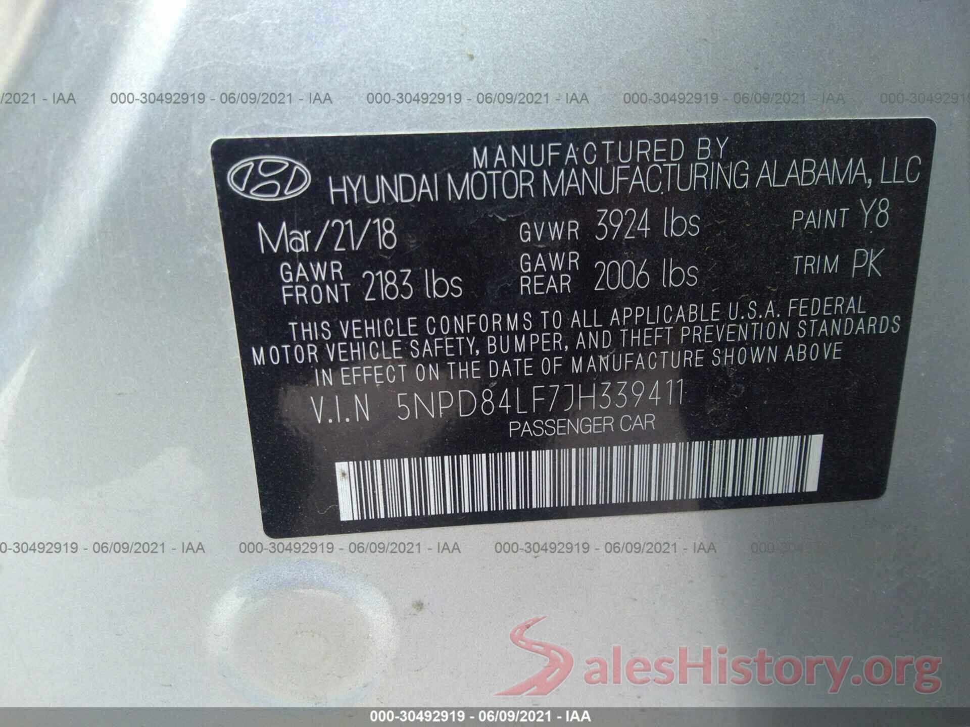 5NPD84LF7JH339411 2018 HYUNDAI ELANTRA