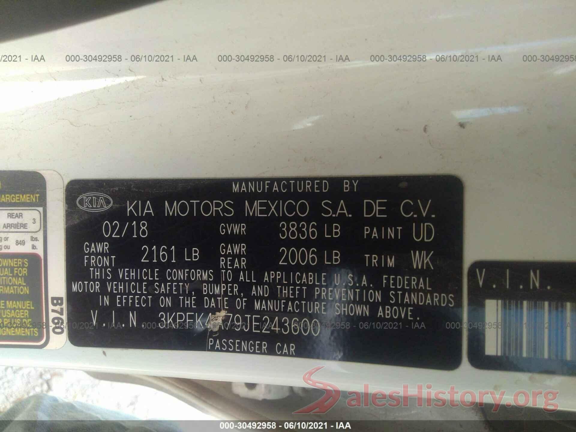 3KPFK4A79JE243600 2018 KIA FORTE