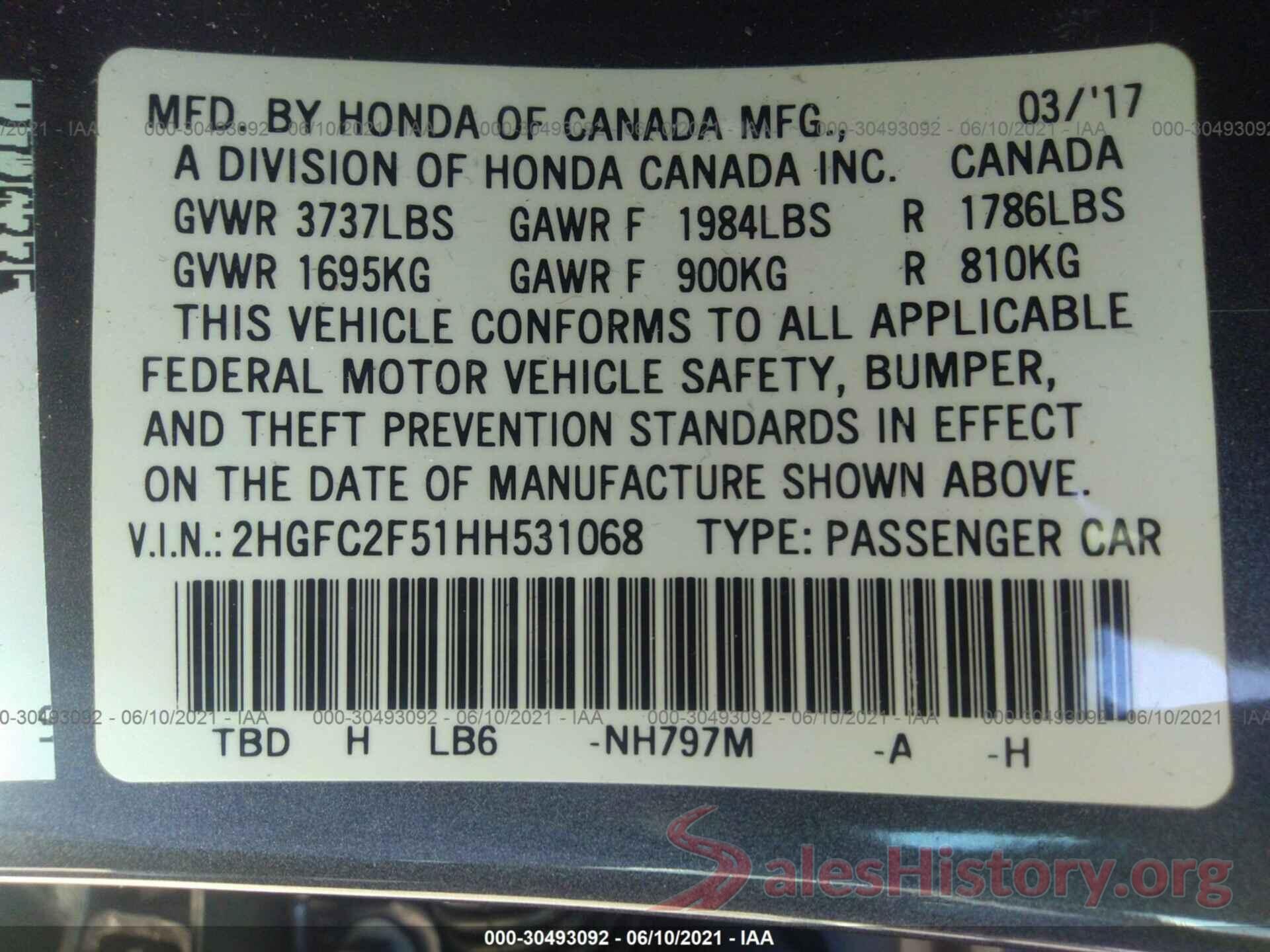 2HGFC2F51HH531068 2017 HONDA CIVIC SEDAN