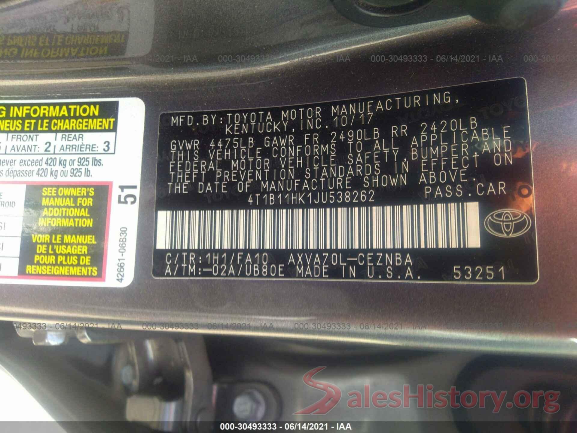 4T1B11HK1JU538262 2018 TOYOTA CAMRY