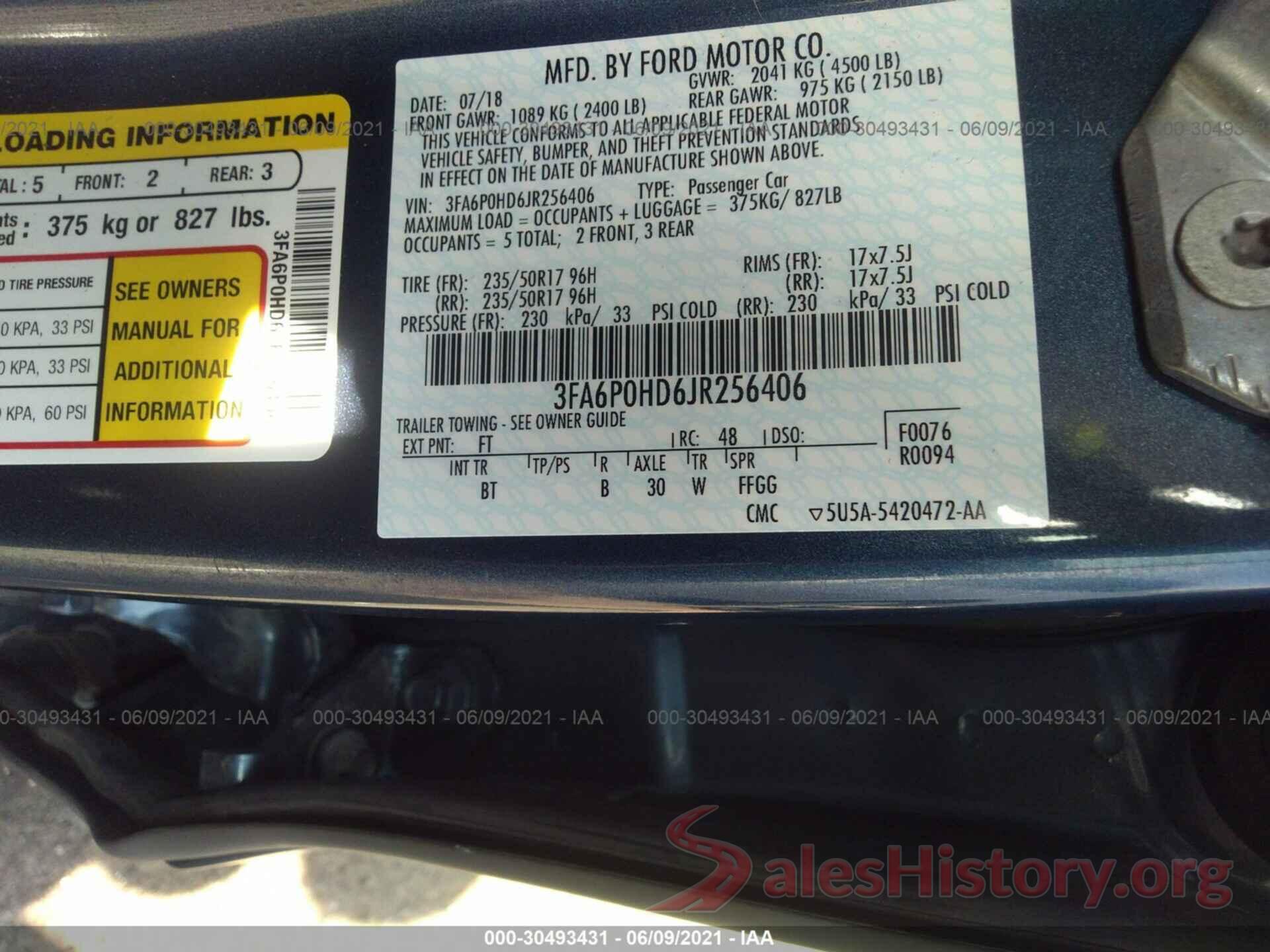 3FA6P0HD6JR256406 2018 FORD FUSION