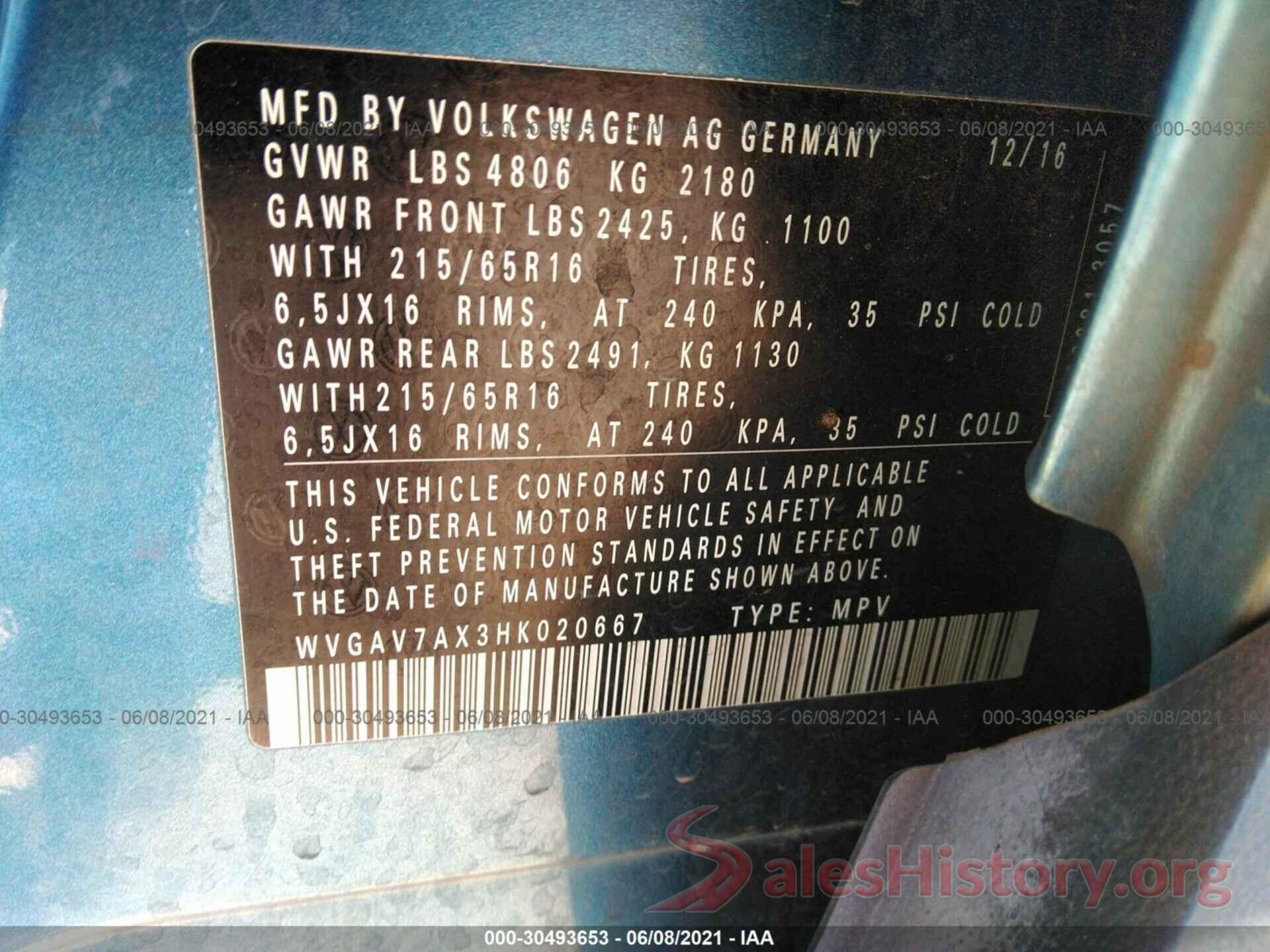 WVGAV7AX3HK020667 2017 VOLKSWAGEN TIGUAN