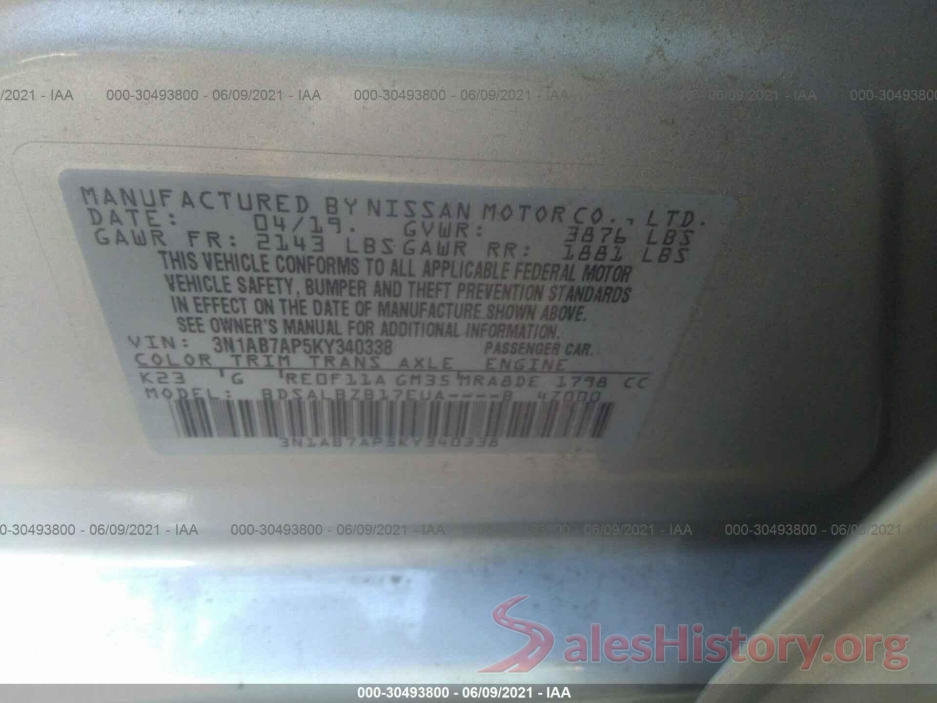 3N1AB7AP5KY340338 2019 NISSAN SENTRA