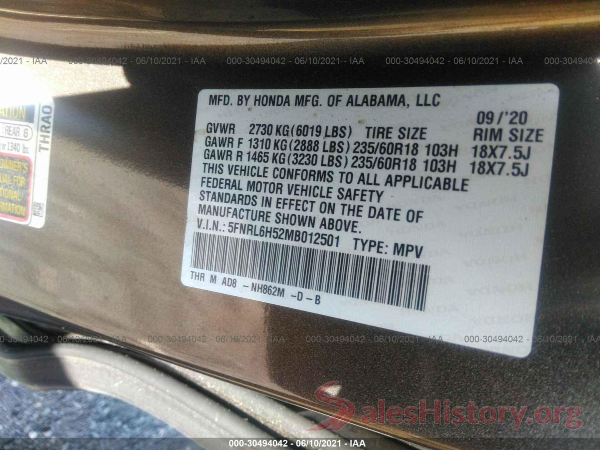 5FNRL6H52MB012501 2021 HONDA ODYSSEY